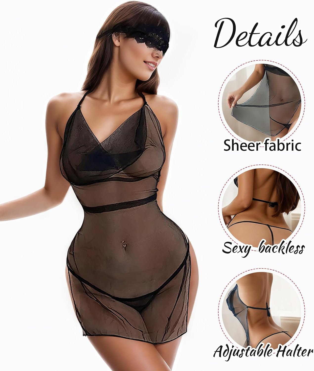 Mesh Lingerie Sets for Women Sexy, Backless Sheer Adjustable Tops and Thong Set, Black, Onesize 2-8