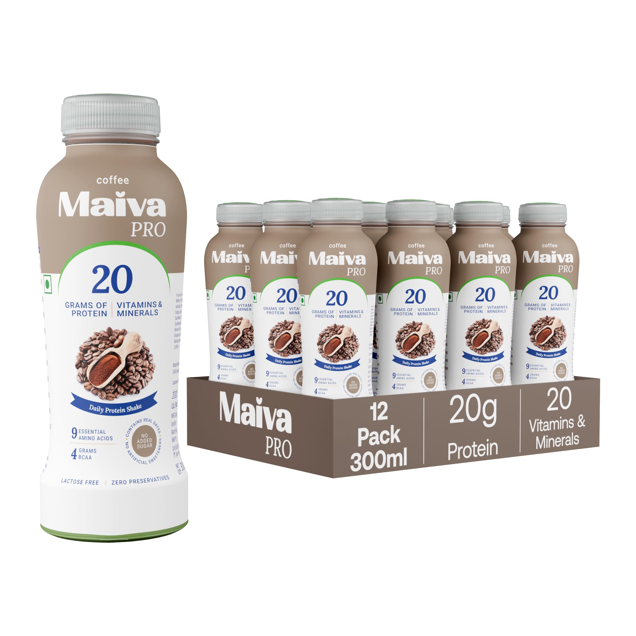Maiva Pro | Coffee Plant Protein Shake - 300ml (Pack of 12) | 20g Protein | 20 Vitamins & Minerals | Contains Dates | Vegan, Lactose-Free, No Preservatives, No Artificial Sweetener, No Added Sugar-image-23