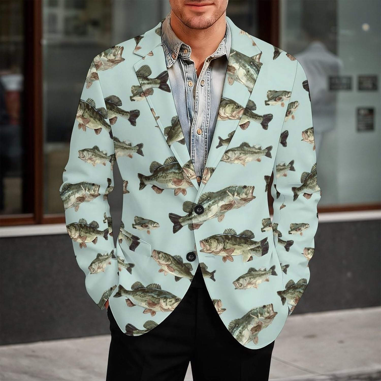 Bass Fish Trendy Men's Two Button Suit Funny Casual Slim Fit Blazer Coat Tuxedos Jackets