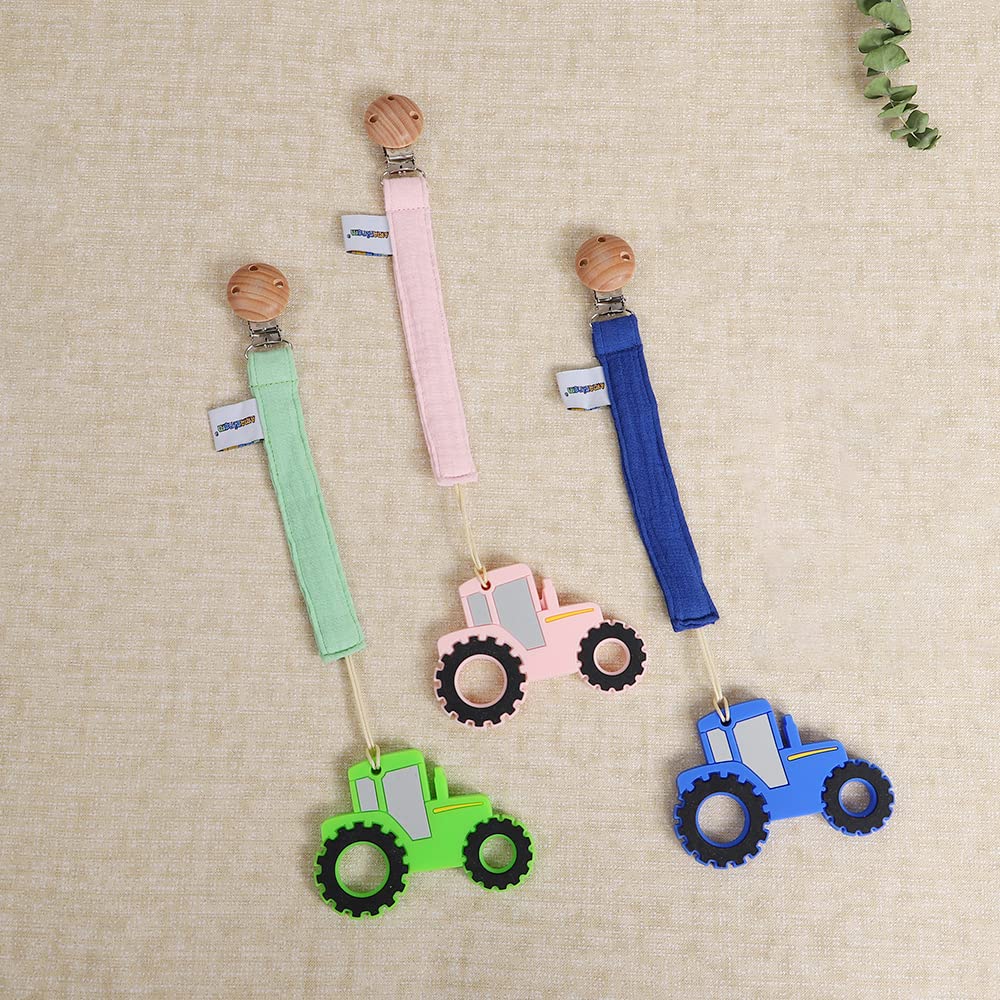 Juguete mordedor de silicona de grado alimenticio para bebés con soporte para chupete, juguetes de alivio del dolor de dentición para niños y niñas, apto para congelador, sin BPA (verde) 8