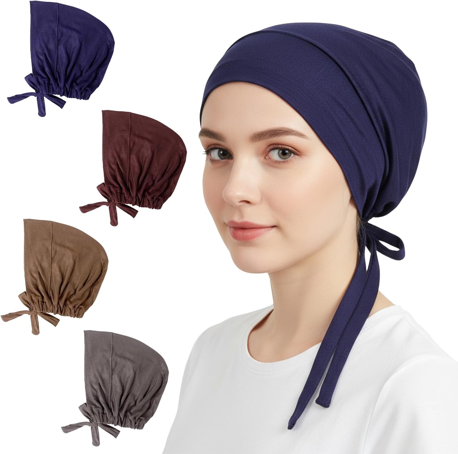 4 Pcs Hijab Caps, Hijab Undercap Non Slip, Islamic Muslim Taj Crown Undercap with Tie Back Closure Daily Wear