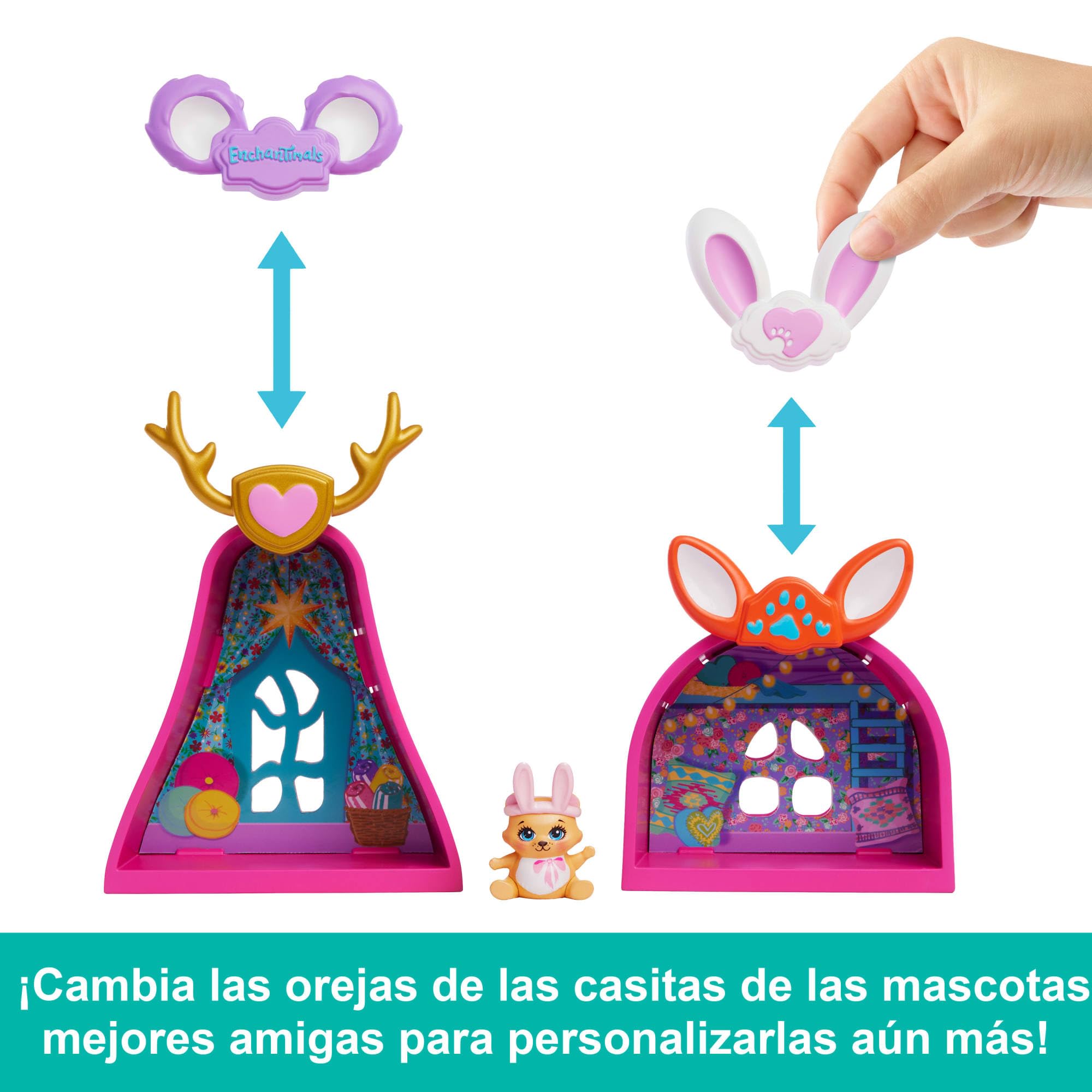 Enchantimals Casita para divertirse con amigas, Muñeca con casa de muñecas con 7 áreas de juego, muebles, orejas para personalizar y accesorios, juguete regalo para niños y niñas +4 años, HXL53