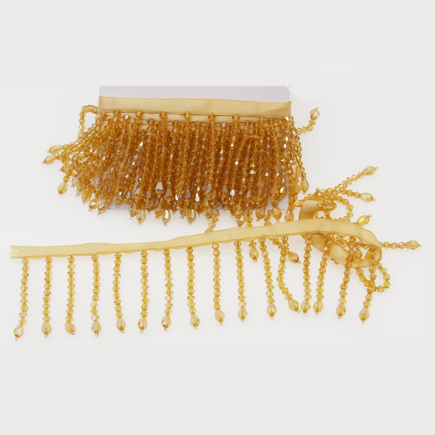 Yalulu 2 Yards Beaded Fringe Trim, Pearl Hanging Pendant Edging Tassel Trimming for Sewing Costume Accessories (Gold)