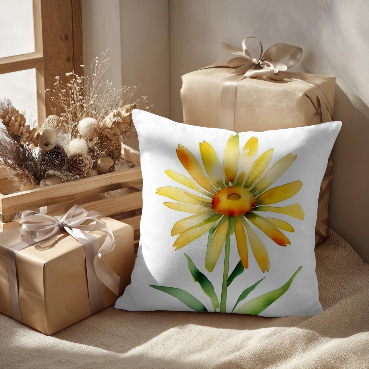 Batmerry Summer Pillow Covers 22X22, Yellow Throw Pillows Daisy Pillow Covers Isolated On White Background Couch Cover Digital Printing Blended Fabric for Couch Sofa Bed Invisible Zipper (Set of 2)
