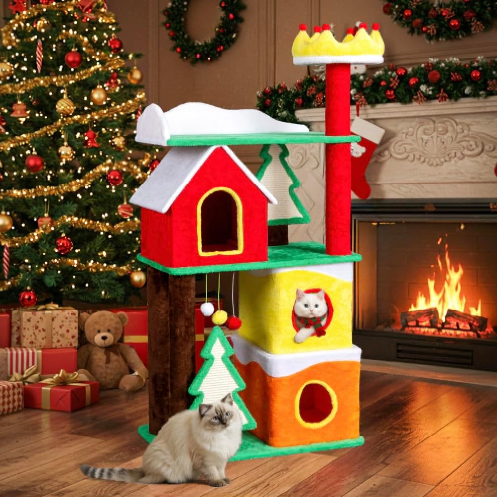VINGLI 56IN Christmas Themed Plush Cat Tree, Multi Level Large Cat Tower for Indoor Cats with 3 Condos, Crown Top Perch, Xmas Tree Sisal Scratching Ramps, Posts & Hanging Balls Pet Activity Center