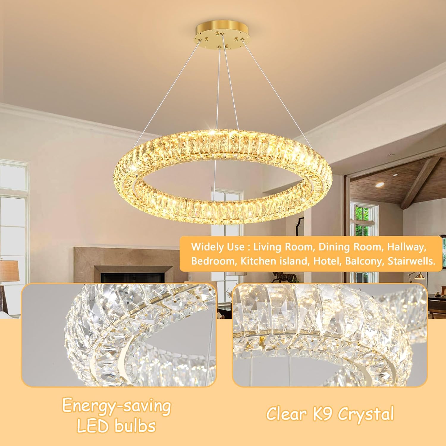 1 Ring Modern Crystal Chandelier Dimmable Ring Pendant Light Round Crystal Chandeliers for Living Room Dining Room Bedroom 23.6'' Gold