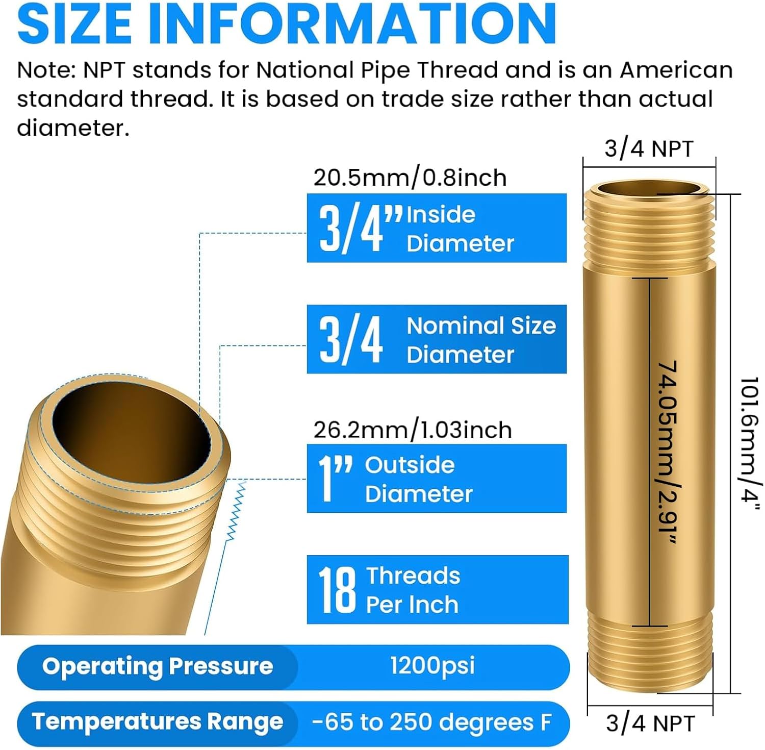 SDTC Tech Brass Pipe Fitting Long Nipple, 3/4 NPT Male x 3/4 NPT Male Thread Cast Straight Extender Connector, 4" Length Brass Nipple for Fuel, Air, Water, Boat, Gas, Oil (1 PCS)