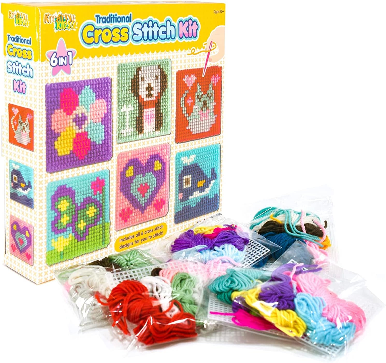 6-in-1 Cross Stitch Kit | 6 assorted embroidery boards with 36 coloured threads included | Embroidery Kit