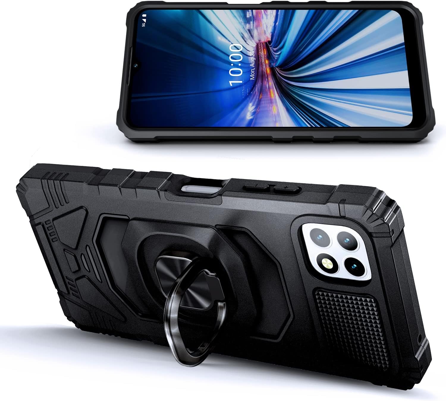 NZND Case for Boost Mobile Celero 5G with Tempered Glass Screen Protector (Maximum Coverage), Full-Body Protective [Military-Grade], Magnetic Car Mount Ring Holder Durable Cover Case (Black)