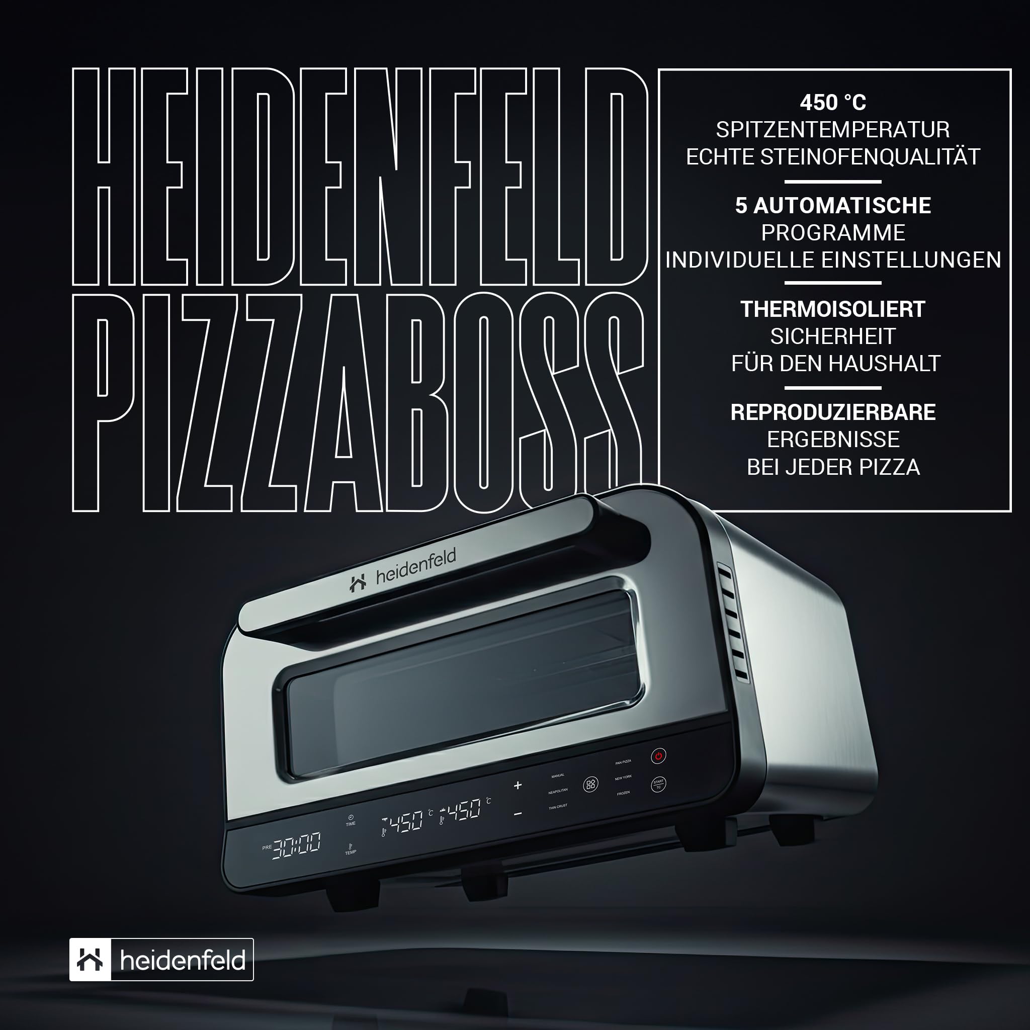 Heidenfeld Pizzaofen | 1850 Watt bis 450°C - Backofen inkl. Pizzastein & Pizzaschieber - Pizzaofen elektrisch - Pizza Ofen - Elektrischer Pizzabackofen - Pizza Maker - Pizzamaker - Steinofen