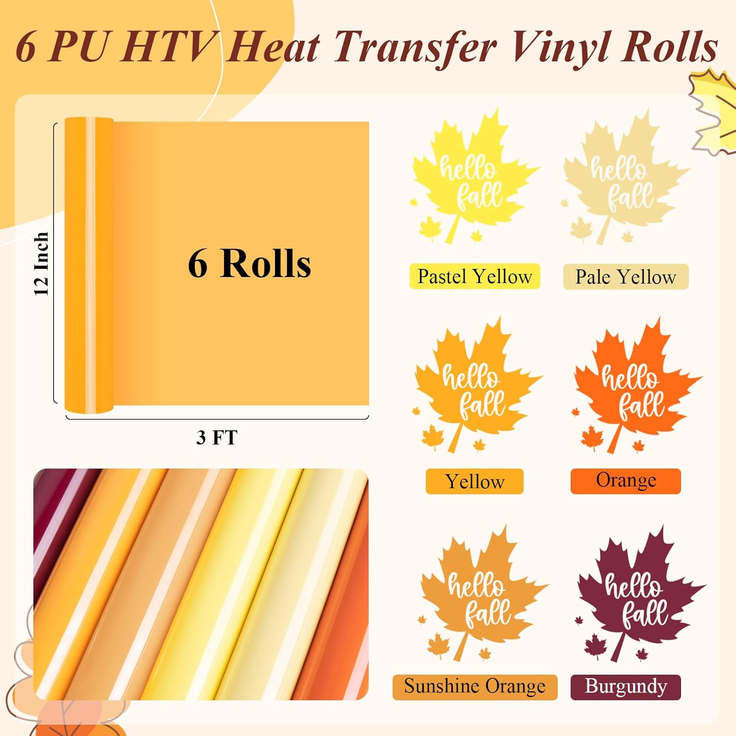 TECKWRAP HTV Iron On Vinyl for T-Shirts & Crafts – 6 Roll Bundle, 12" x 3ft Heat Transfer Vinyl, Fall Orange & Yellow Shades, Vibrant Colors for DIY Shirts & Halloween Projects