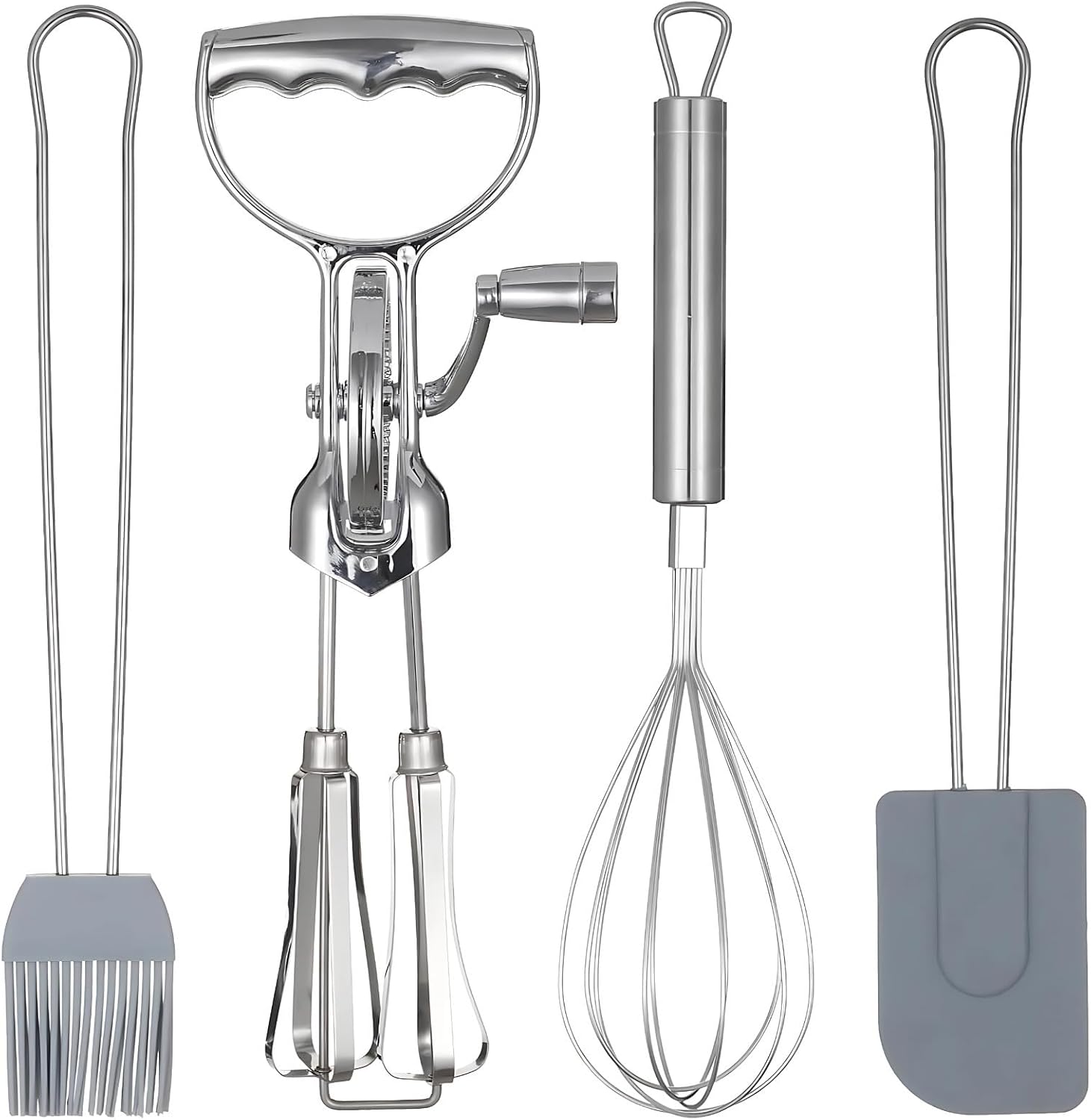 4 Pcs Egg Beater Set with Hand Crank Mixer, Whisk, Brush & Spatula, Stainless Steel Manual Hand Mixer for Blending and Mixing