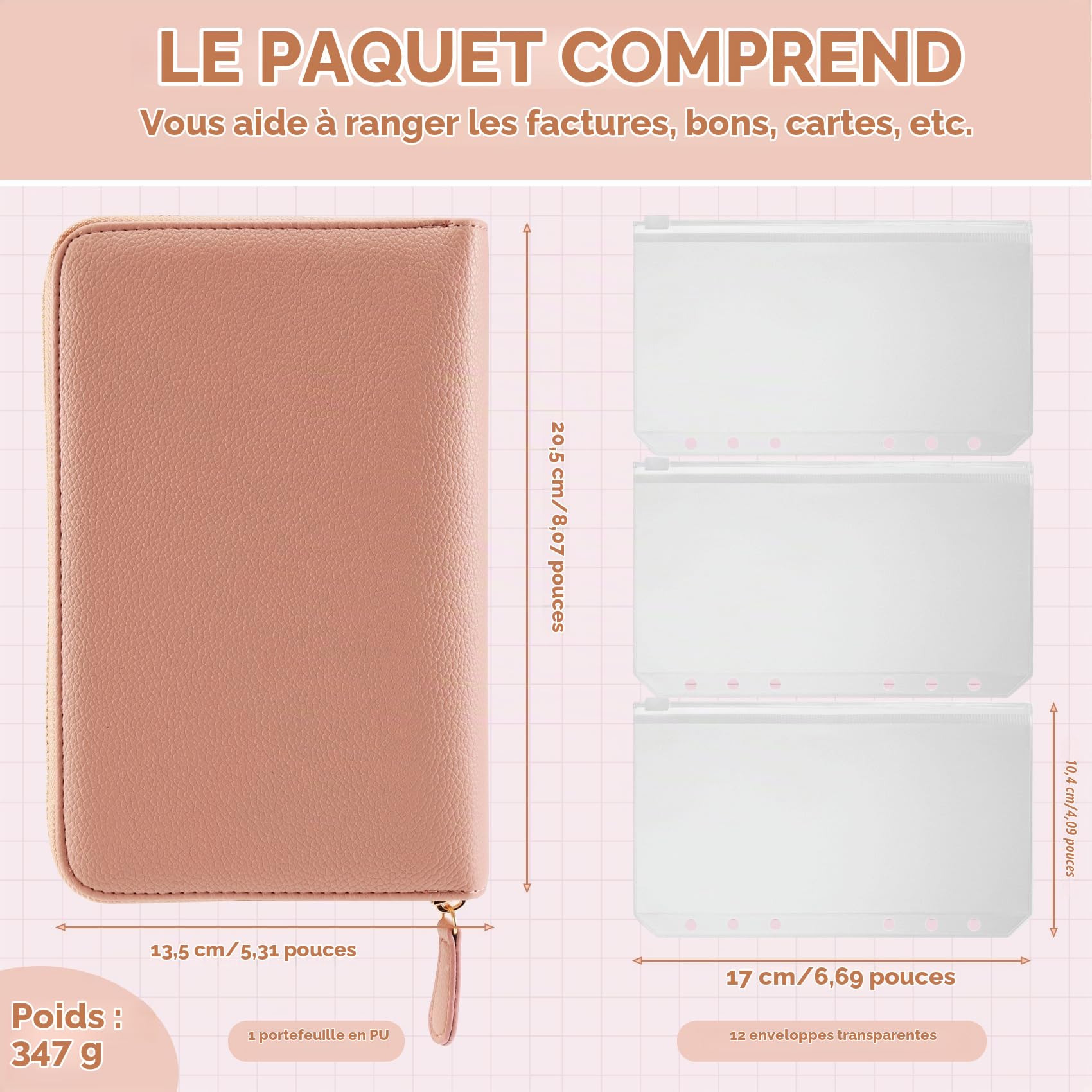 Classeur Budget A6 Organiseur Multifonction avec 12 Poches Transparentes, Livré avec Portefeuille et Enveloppes pour Cartes, Argent et Documents – Accessoire Idéal pour Gérer votre Budget Rose