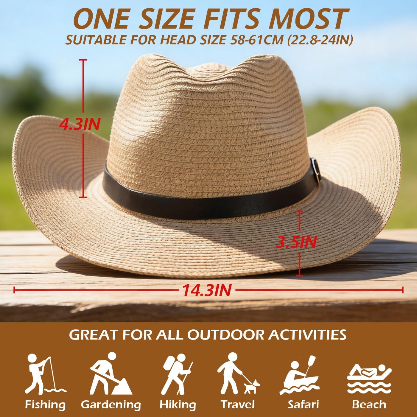 EINSKEY Adjustable Straw Cowboy Hat for Men Women, Western Cowgirl Hat Shapeable Wide Brim Sun Hat with Detachable Chin Strap