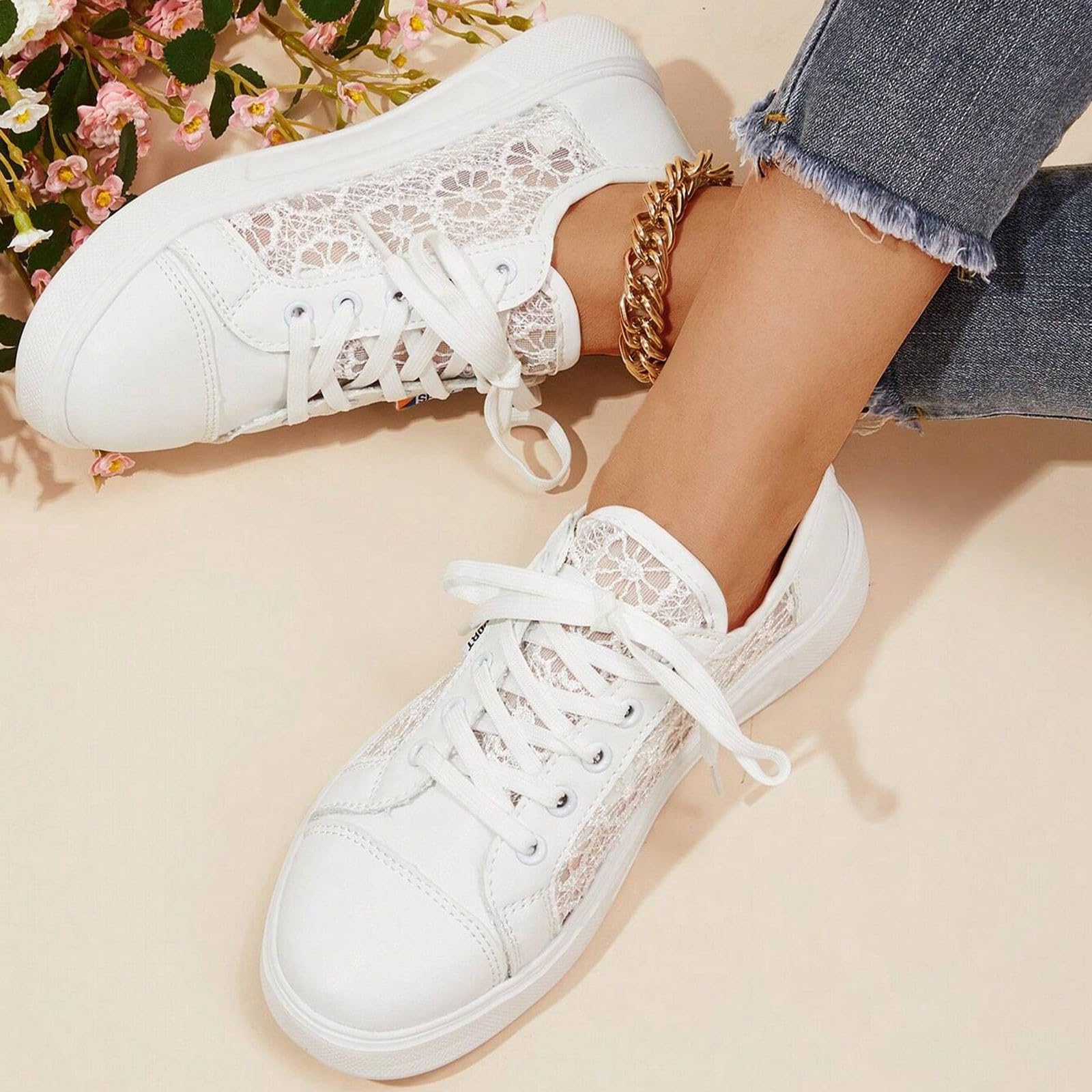 Zapatillas de mujer con flores de encaje zapatos casuales transpirables elegantes con cordones deportivas ligeras planas