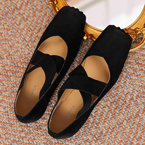 Vista 4 de Zapatos planos de ballet de piel nobuck para mujer, punta cuadrada retro con banda ancha elástica entrecruzada, zapatos de tacón bajo y fino