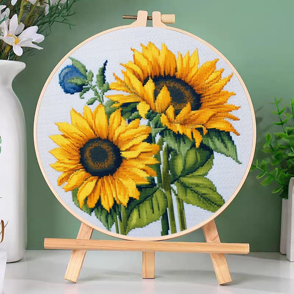 DIY Cross Stitch Kits Sunflowers Easy for Beginners with Hoop 11CT Needlepoint Embroidery Counted Stamped Cross Stitch Set Craft Wall Decor 20x20cm(1)
