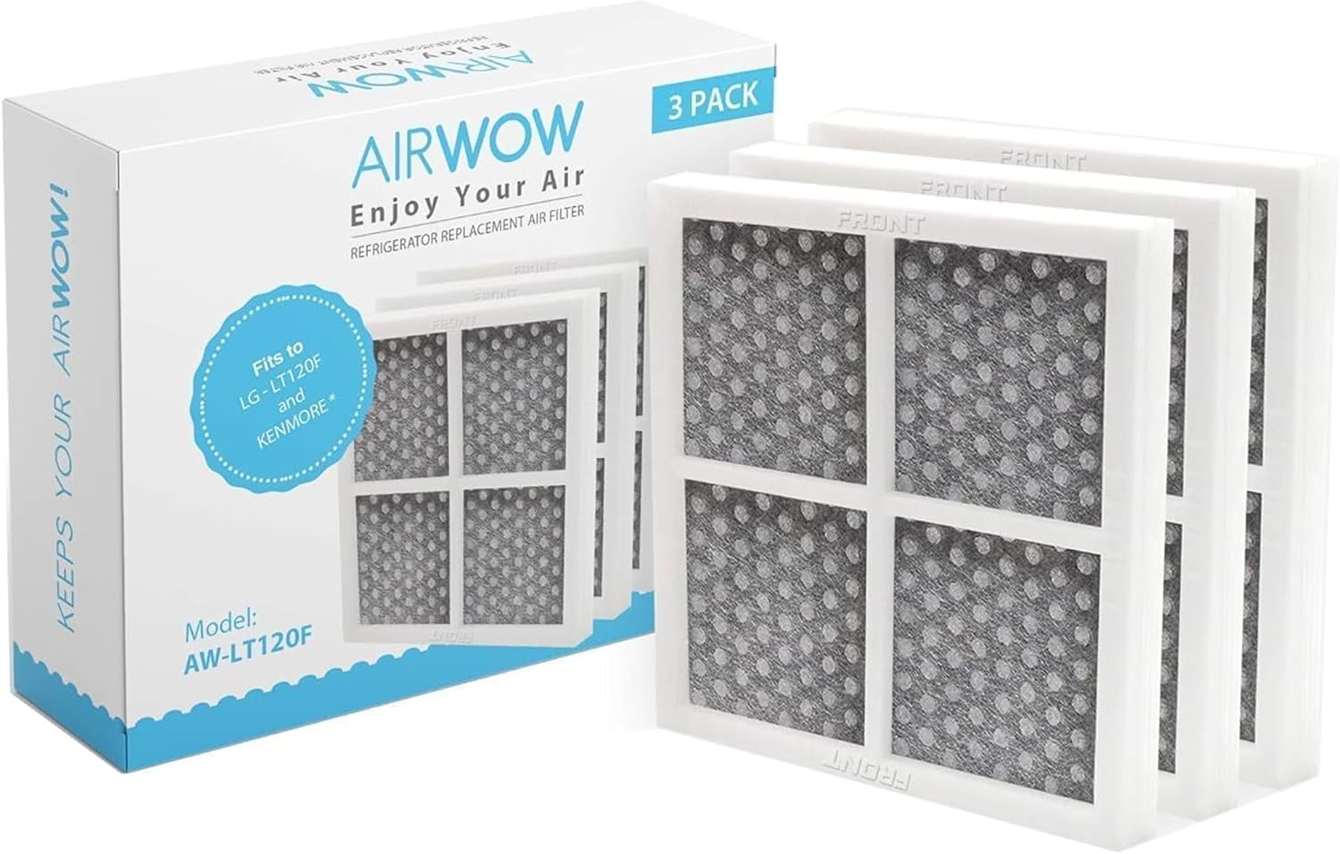 AIRWOW Replacement 3 Pack Air Filter for Refrigerators, Compatible with LG LT120F, ADQ73214404, 469918, Improves Freshness, Air Quality and Odor Control (3, White-Pro)