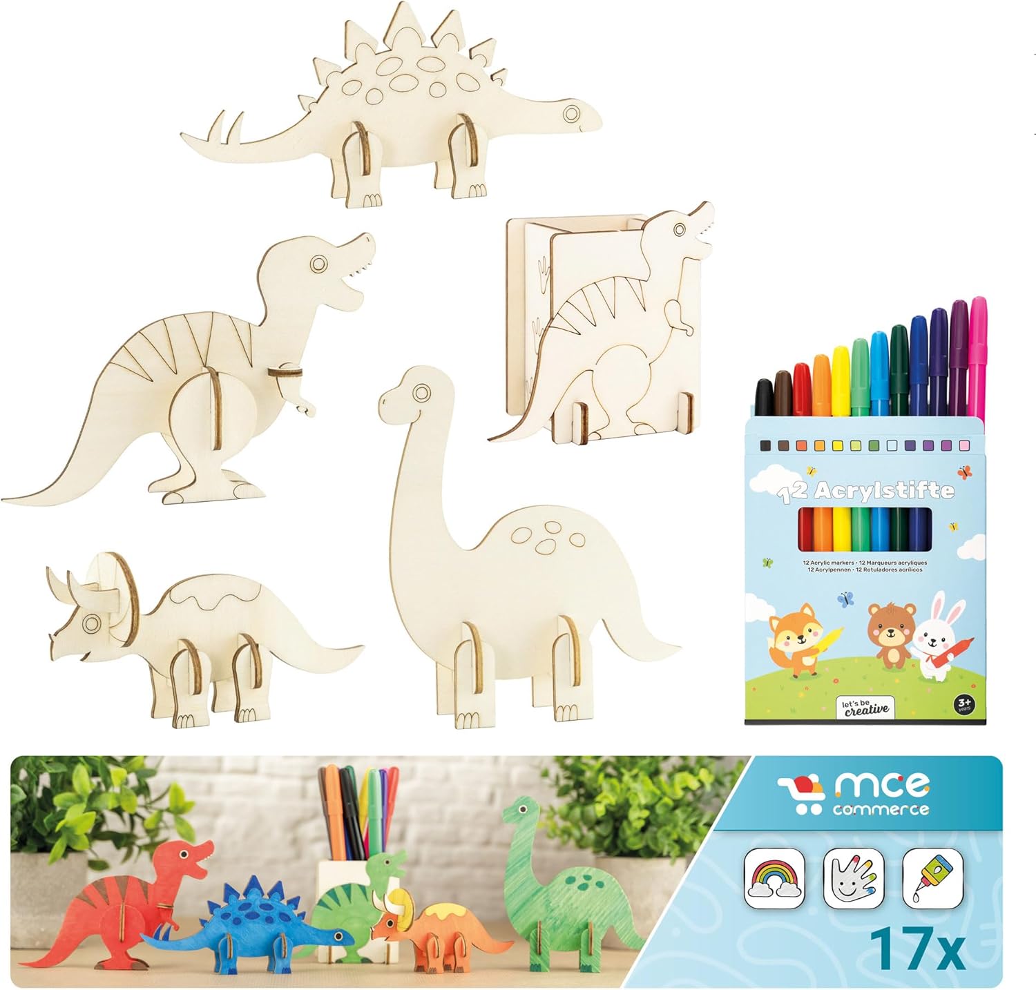 Wooden Dinosaur Craft Set 17 Pieces - 5 Dino 3D Plug-in Figures for Painting with 12 Acrylic Pens - T-Rex Stegosaurus Brachiosaurus Triceratops - Pen Holder - Made in Germany - Children from 3 Years