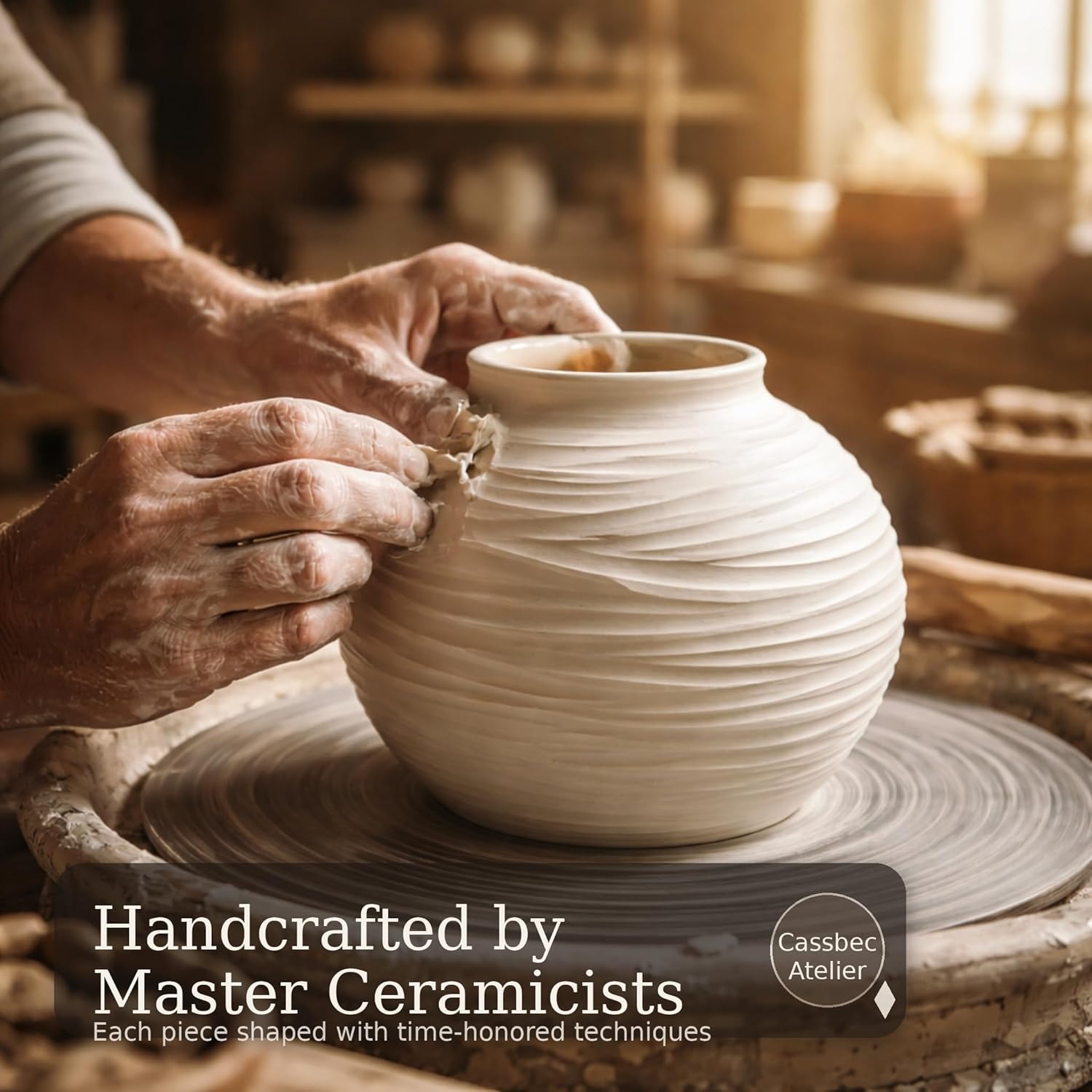 White Ceramic Vase for Home Decor - Rustic Farmhouse Flower Vase, Hand-Carved Spiral Texture, Decorative Round Pottery Vase for Living Room, Table, Shelf, Centerpiece (Matte White) - Medium