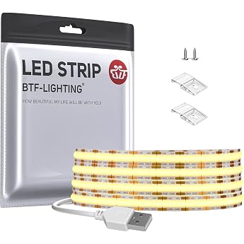 BTF-LIGHTING COB FCOB USB LED Strip Light High Density 1M 320LEDs/m 3000K DC5V Width 8mm Ra>90