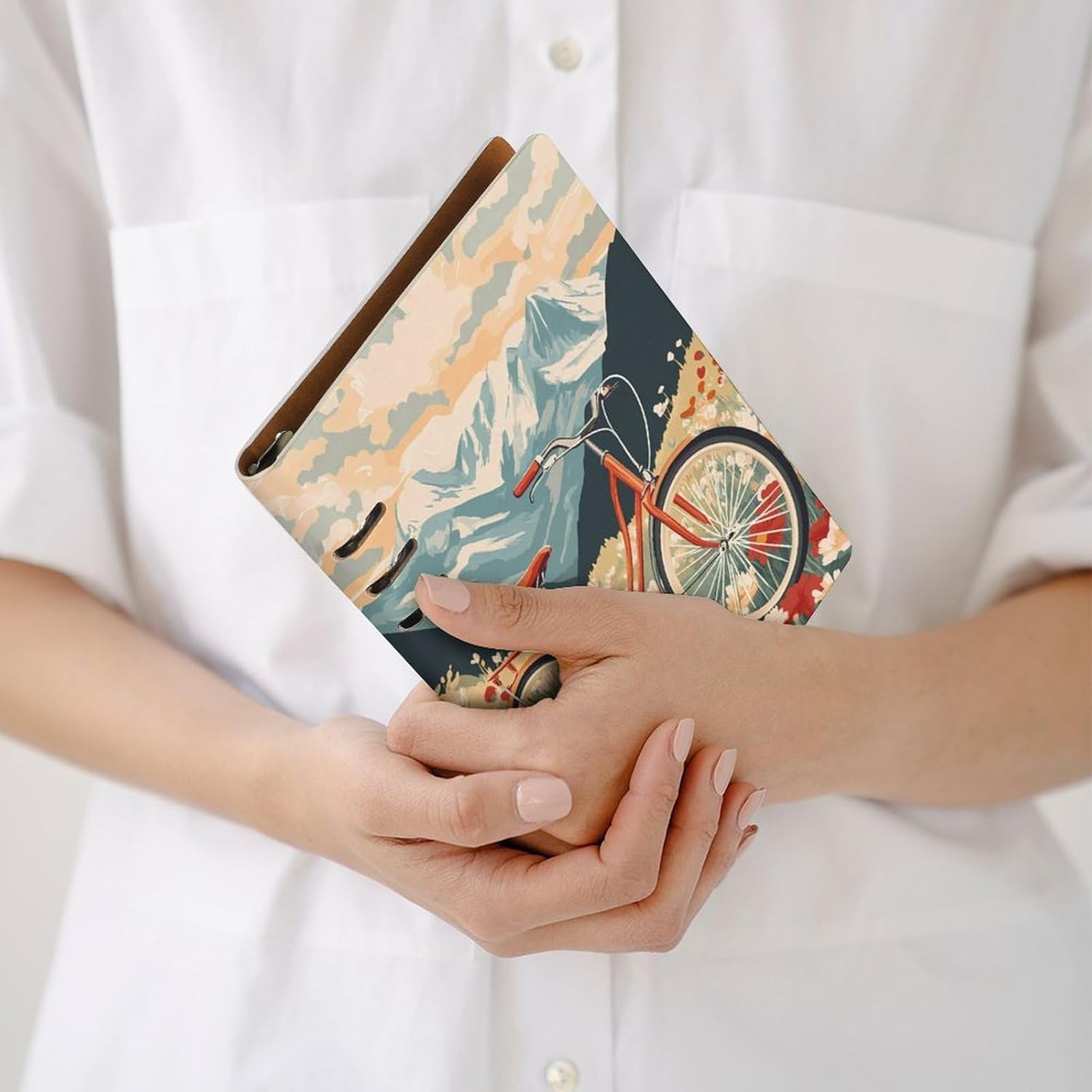 Cycling in Snowy Mountain Flower Fields Lined Spiral Journal Notebook 6 Ring Binder PU Cover Refillable for Work Note