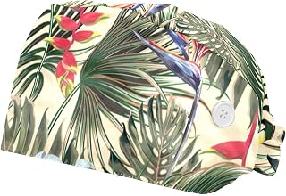 2 Pieces Working Hat with Buttons Adjustable Sweatband Bouffant Hats Unisex Tie Back Hats Tropical Palm Floral Plant
