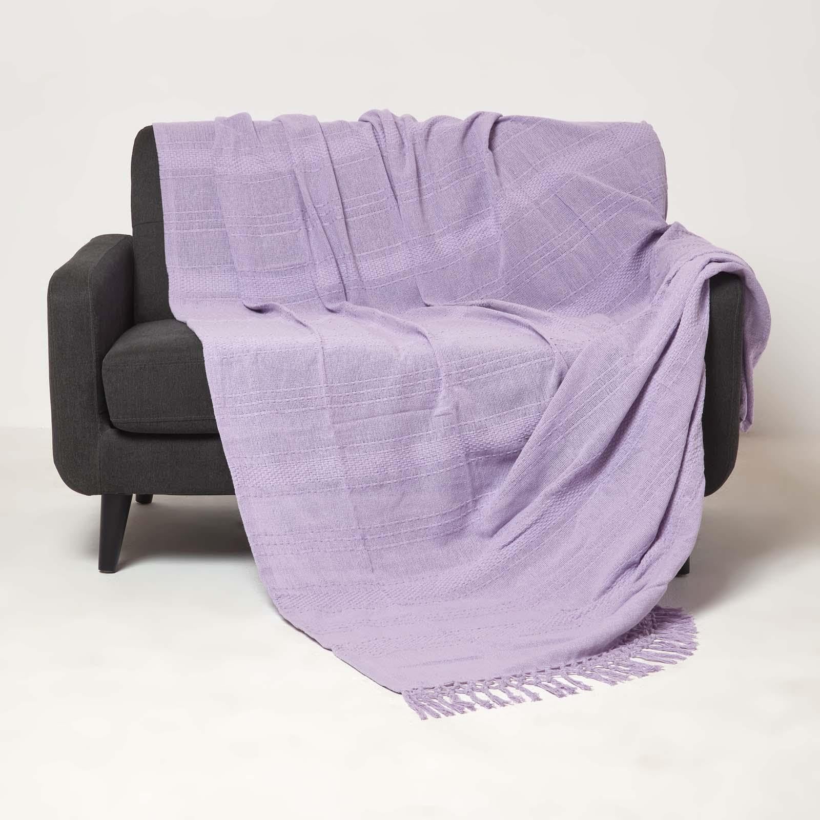 Homescapes Kashi Cotton Throw with Tassels in Lilac | Size: 255cm x 360cm