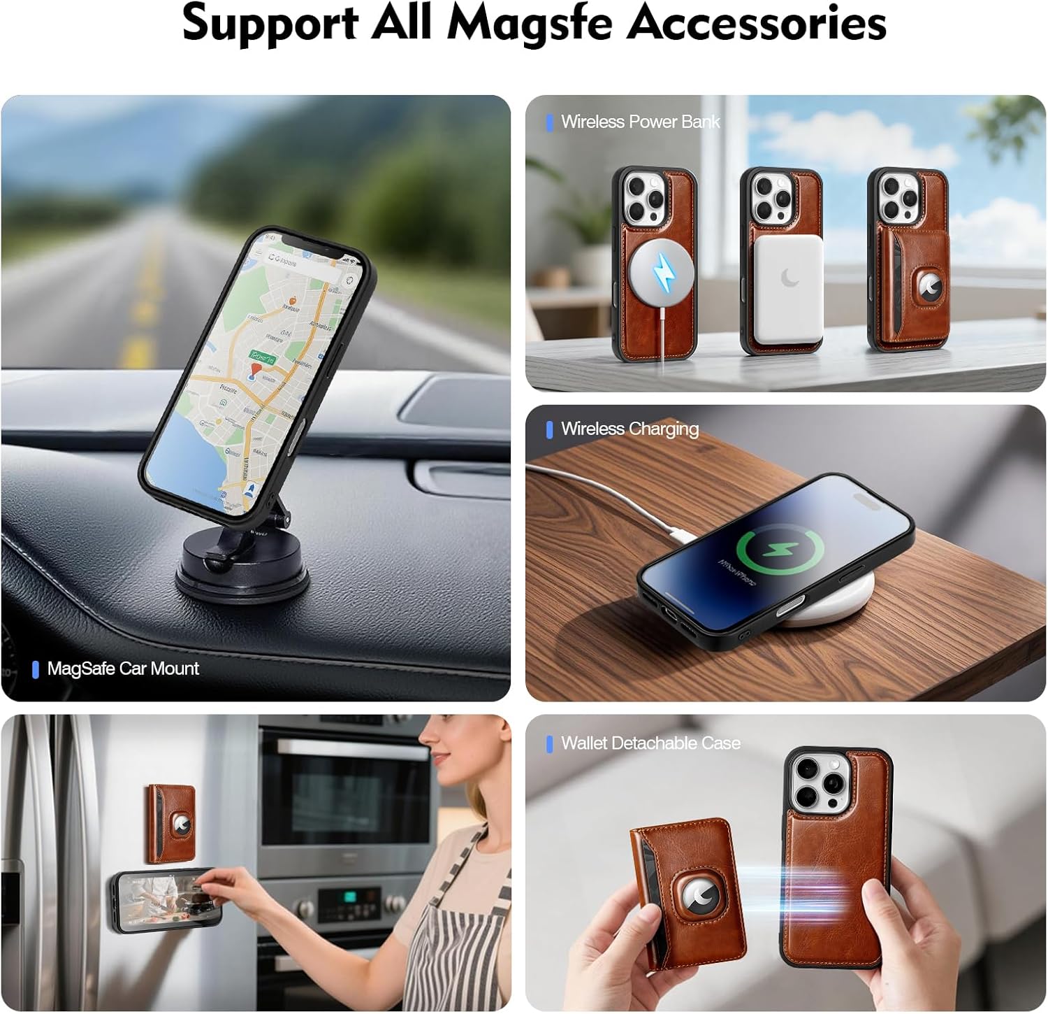 2-in-1 Detachable Compatible with Magsafe iPhone 16 Pro Max Case Wallet AirTag Holder Women Men,Luxury PU Leather Phone Case Shockproof Protector Cover Credit Card Slot Kickstand,Brown