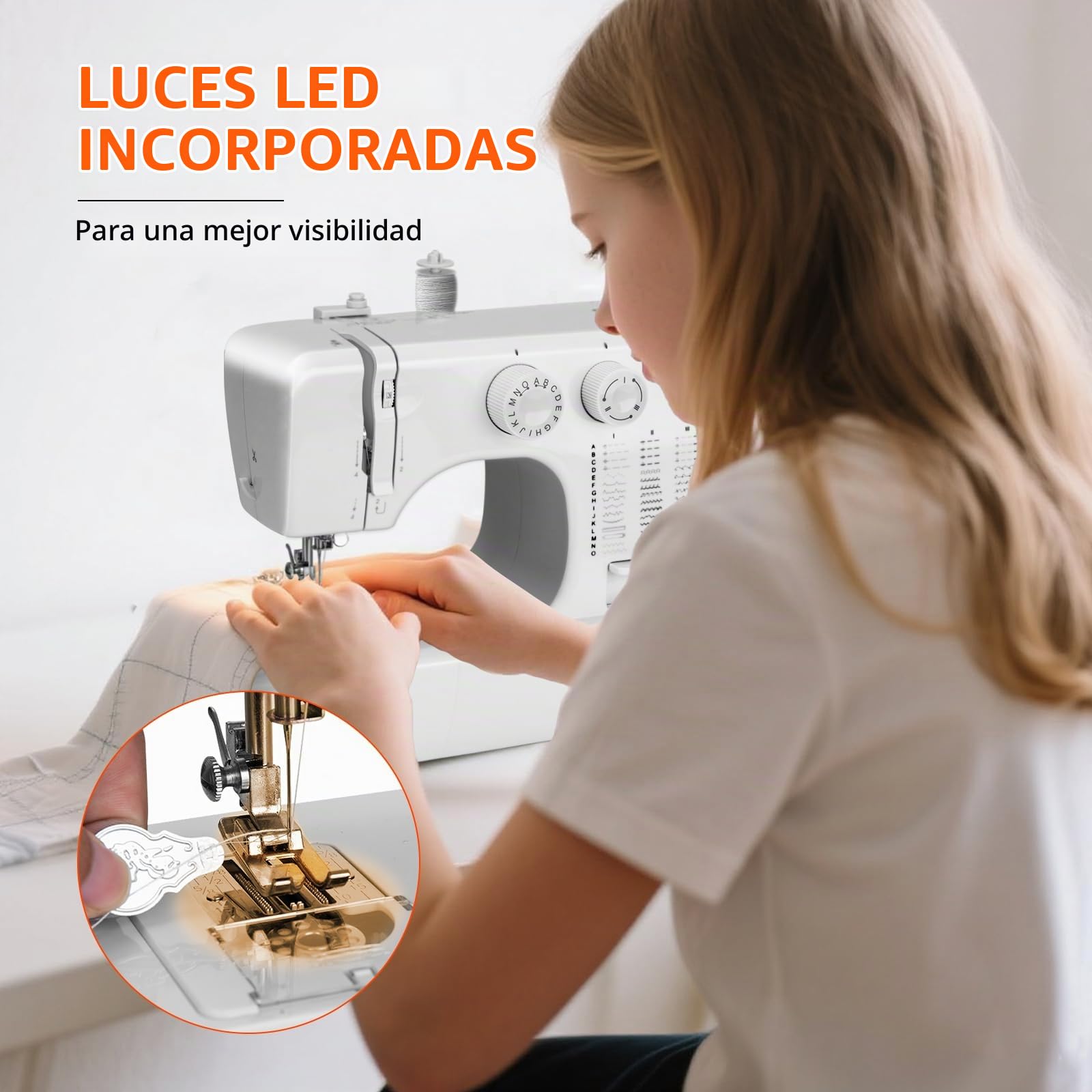 Máquina de Coser con 45 Patrones de Puntada, Alta/Baja Velocidad de Costura, Completa Maquina Coser con Luz LED y Pedal