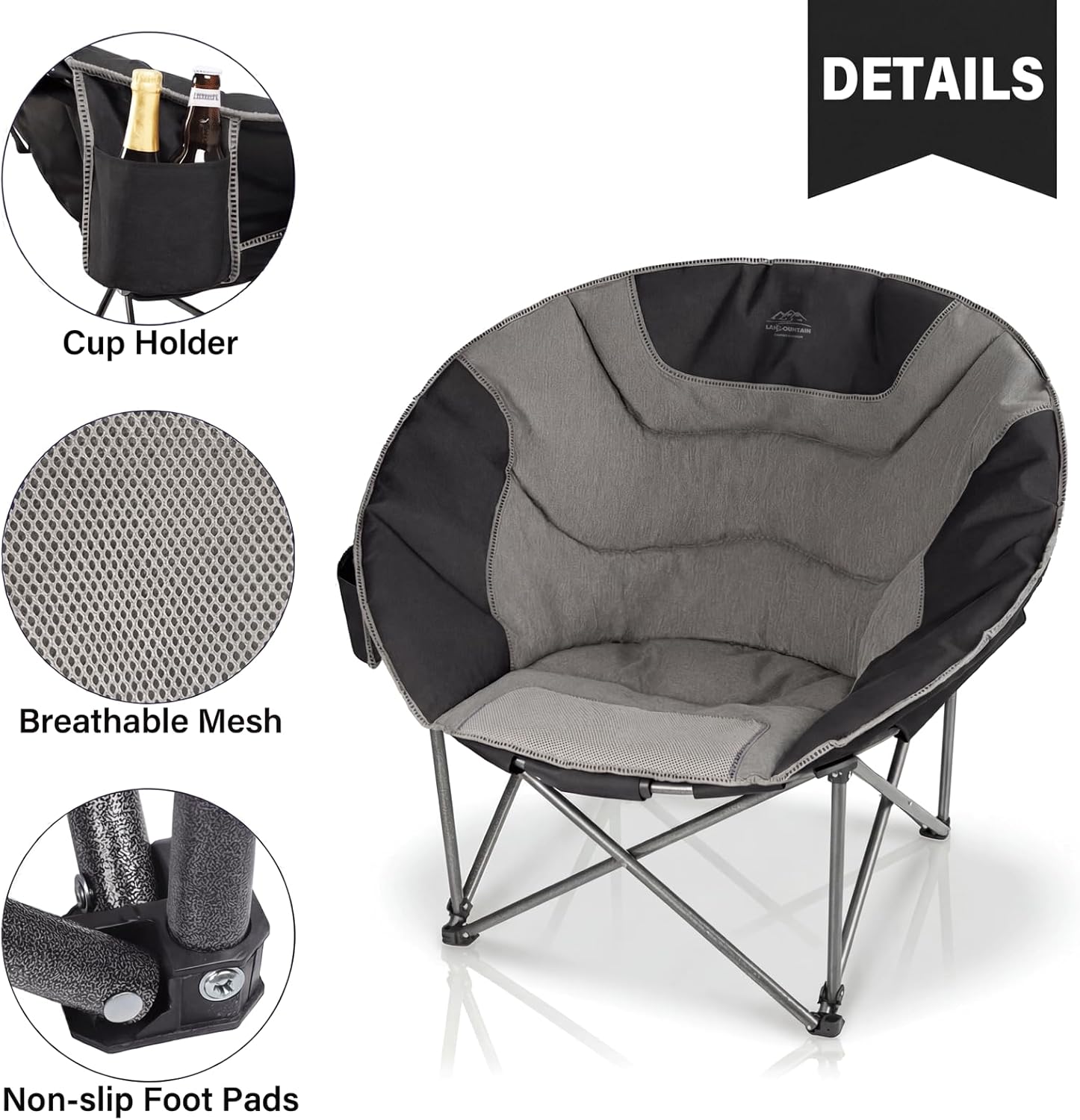 Oversized Portable Moon Camping Chairs,Round Folding Lawn Chair w/Cup Holder,Outdoor Heavy Duty Supports 500Lbs Comfy Chair,Perfect for Family Camp,Hiking,Picnics and Beach Trips,Black