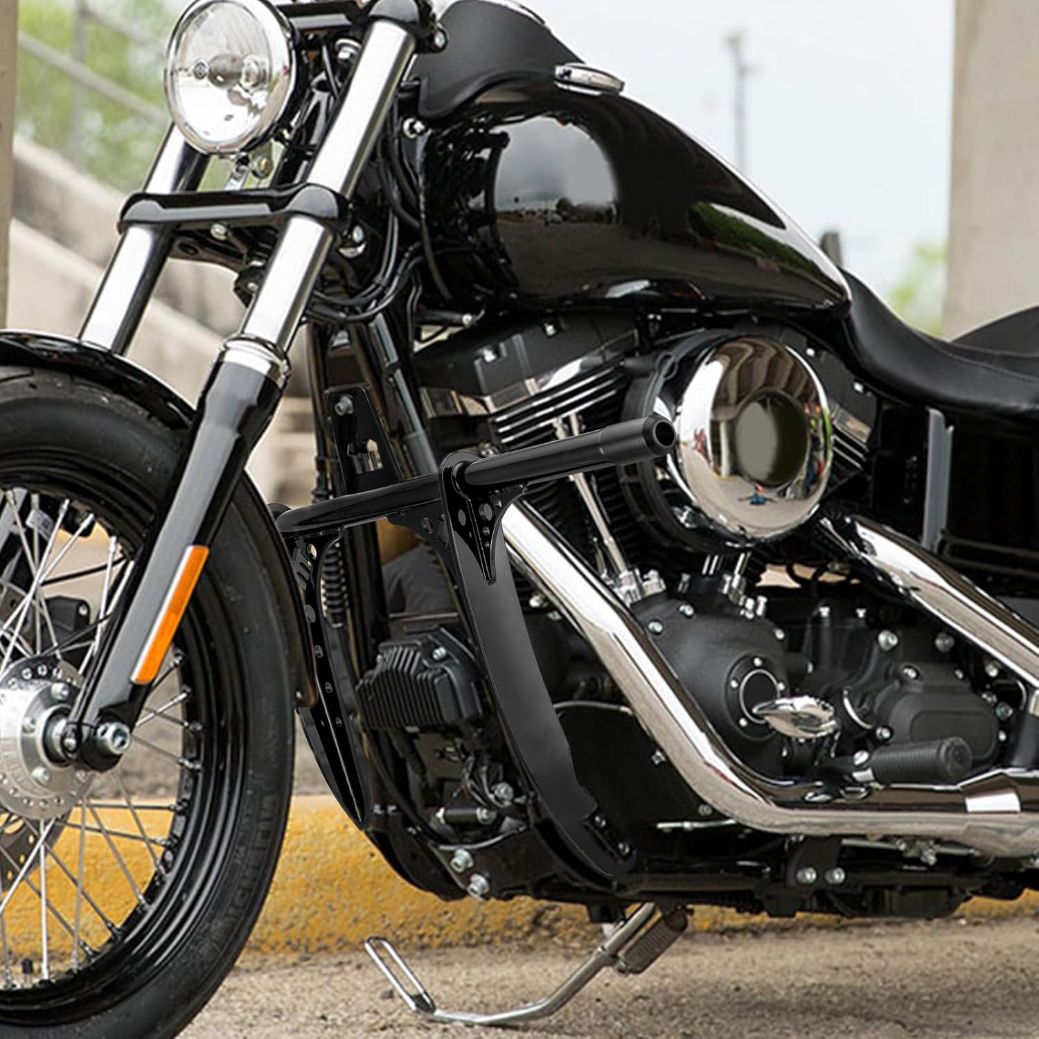 Mofun Front Engine Guard Flat-Out Bar Compatible with Harley Low Rider Fat Bob Street Bob Wide Glide Dyna Models FLD FXD/I FXDB/I FXDC/I FXDF FXDL/I 2006-2017 with Forward Controls, Gloss Black