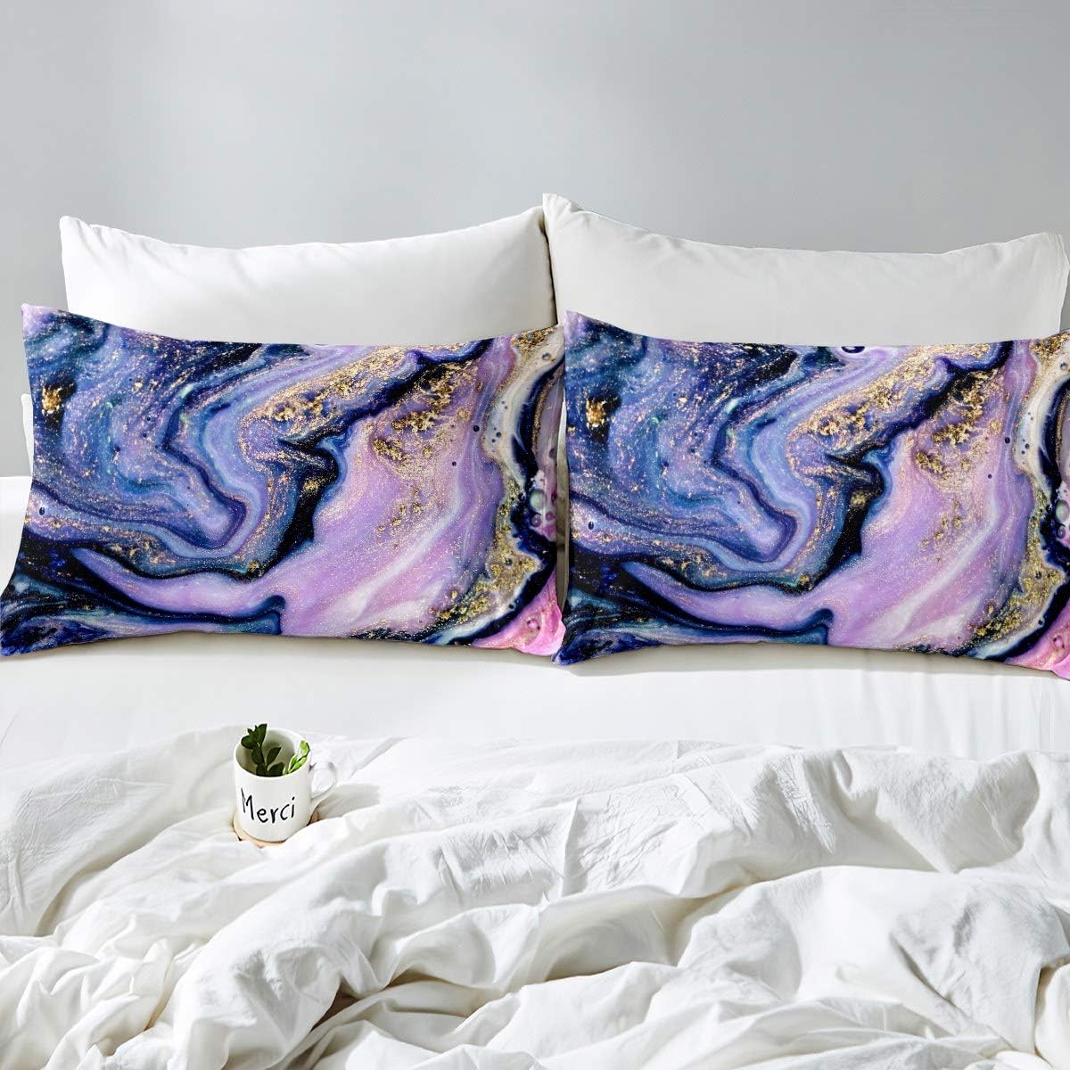 Feelyou Full Size Marble Bed Sheet Set Purple Gold Marble Printed Bed Sheets Modern Marble Pattern Bedding Set for Kids Women Adults Super Soft Luxury Lightweight Fitted Sheet Abstract Art Sheet Set