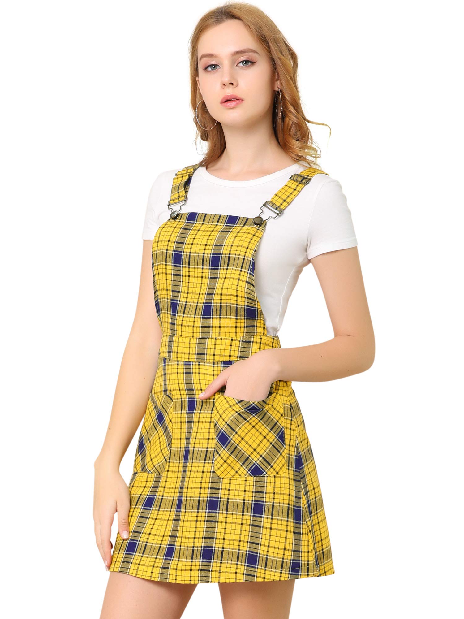 Allegra KWomen's Checked Elastic Strap Adjustable Straps Side Pockets Work Check Bib Dress