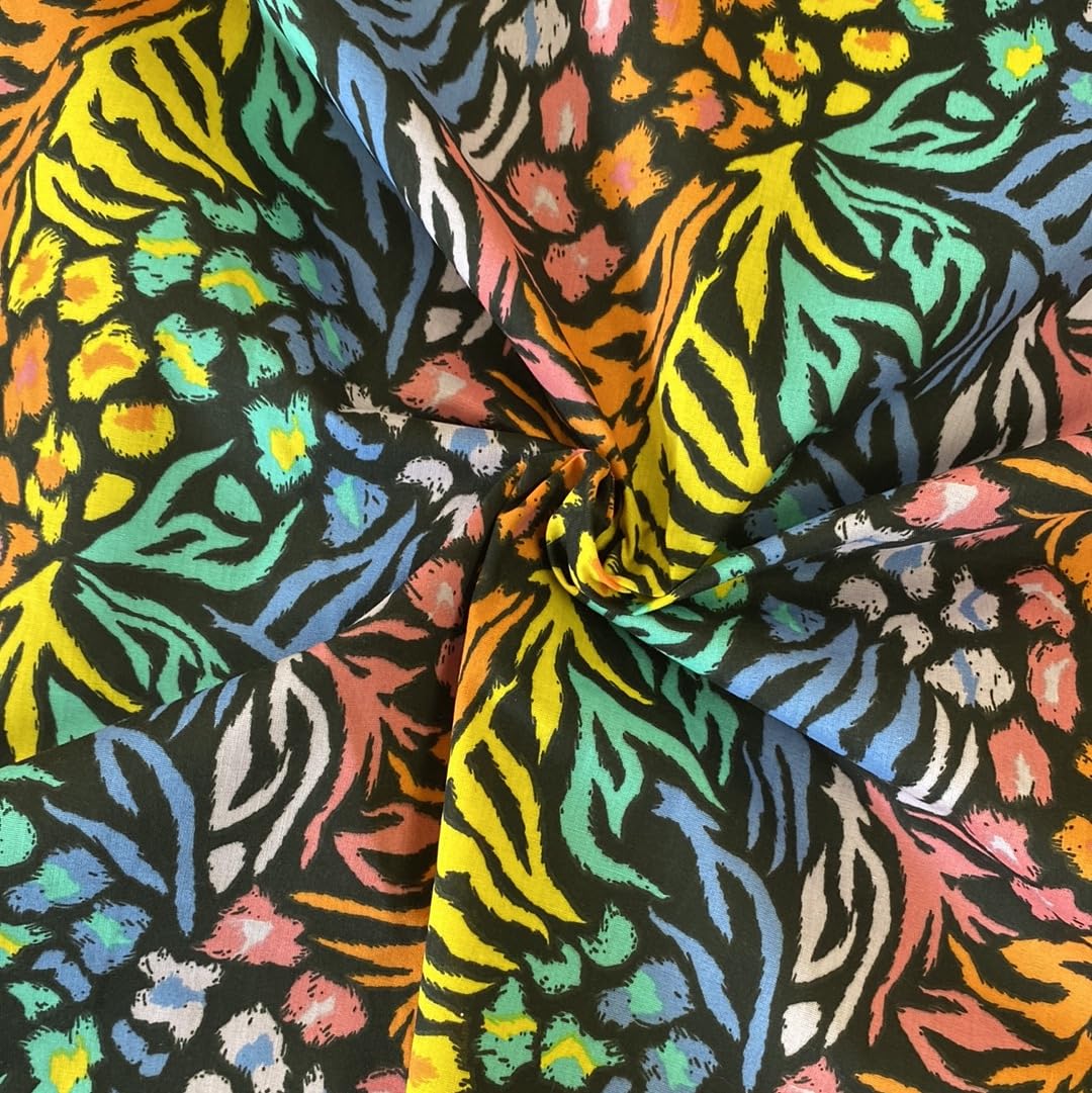 Kayes Textiles Black Tropical Print Polycotton Fabric, 112Cm/44'' Wide, Multicoloured Animal Pattern - Select Colour (Black)