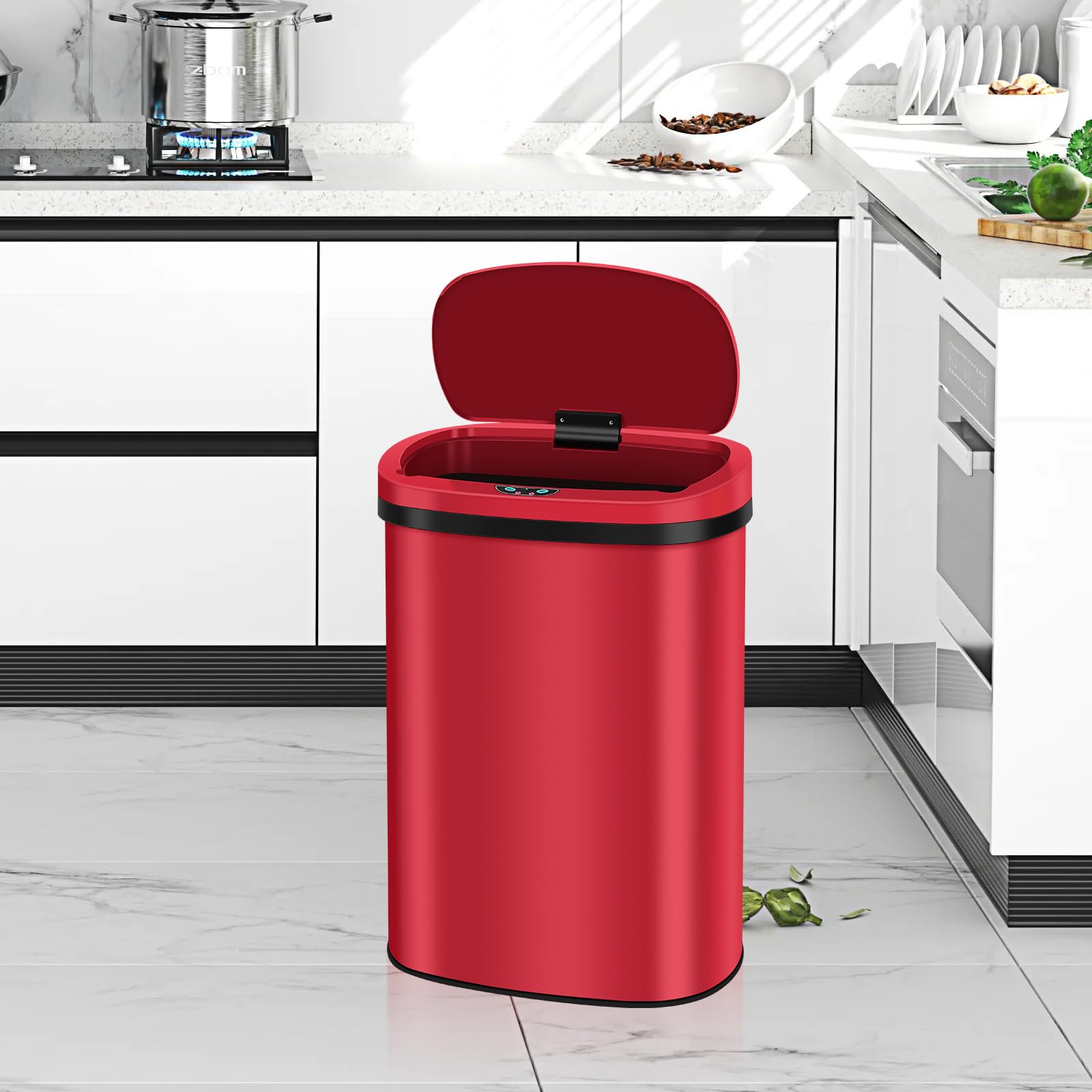 13 Gallon Stainless Steel Automatic Sensor Trash Can - No Touch Garbage Can Kitchen Waste Bin High-Capacity Bathroom Trash Can with Lid for Home