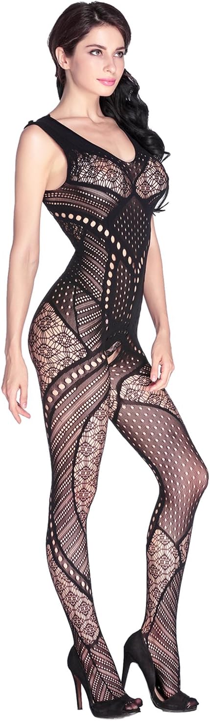 hotgreenpepper Women's Sexy Black Hollow-Out Pattern Open Crotch Seamless Bodystocking (One-Size 8-12 UK)