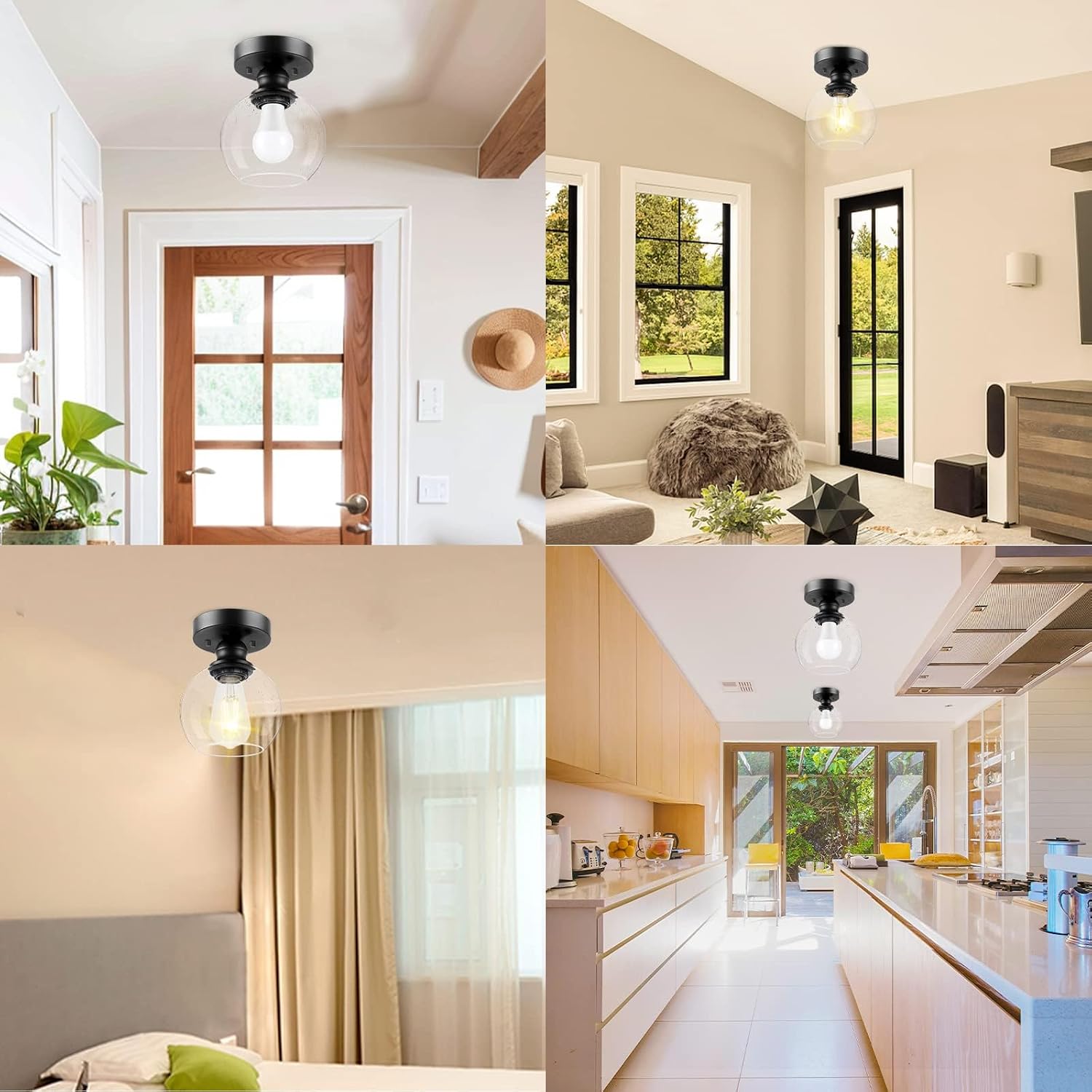 BoostArea Industrial Semi Flush Mount Ceiling Light, Hanging Ceiling Lamp with Seeded Glass Shade, Farmhouse Light Fixture for Porch Hallway Corridor Kitchen Bathroom Bedroom, Bulb Not Included