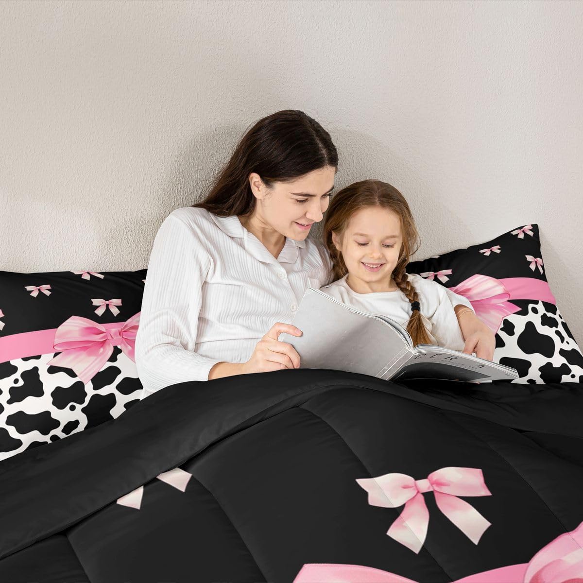 Feelyou Pink Bow Kids Comforter Set Queen Size Cow Print Bedding Set Black White Duvet Quilt for Kids Boys Girls Bedroom Cartoon Milk Cow Decor Microfiber Ultra Soft Breathable