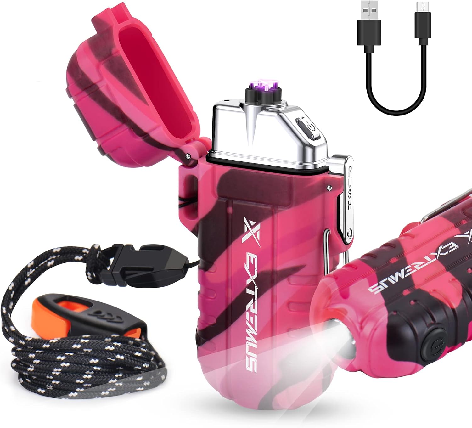 Extremus Blaze 360 Rechargeable Electric Lighters, Dual Arc Lighter, Windproof Plasma Lighter, Waterproof Flashlight Lighter, Flameless Lighter with Whistle Lanyard For Camping Survival Tactical Gear