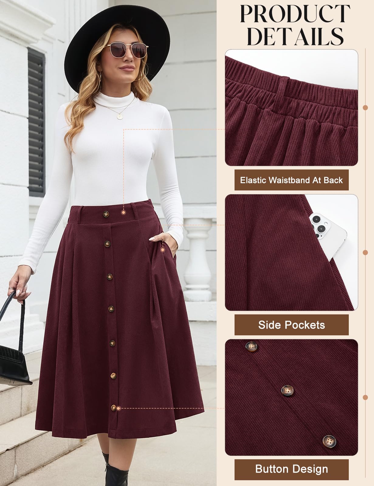 Damen Cordrock Hohe Taille Herbst Midi Rock