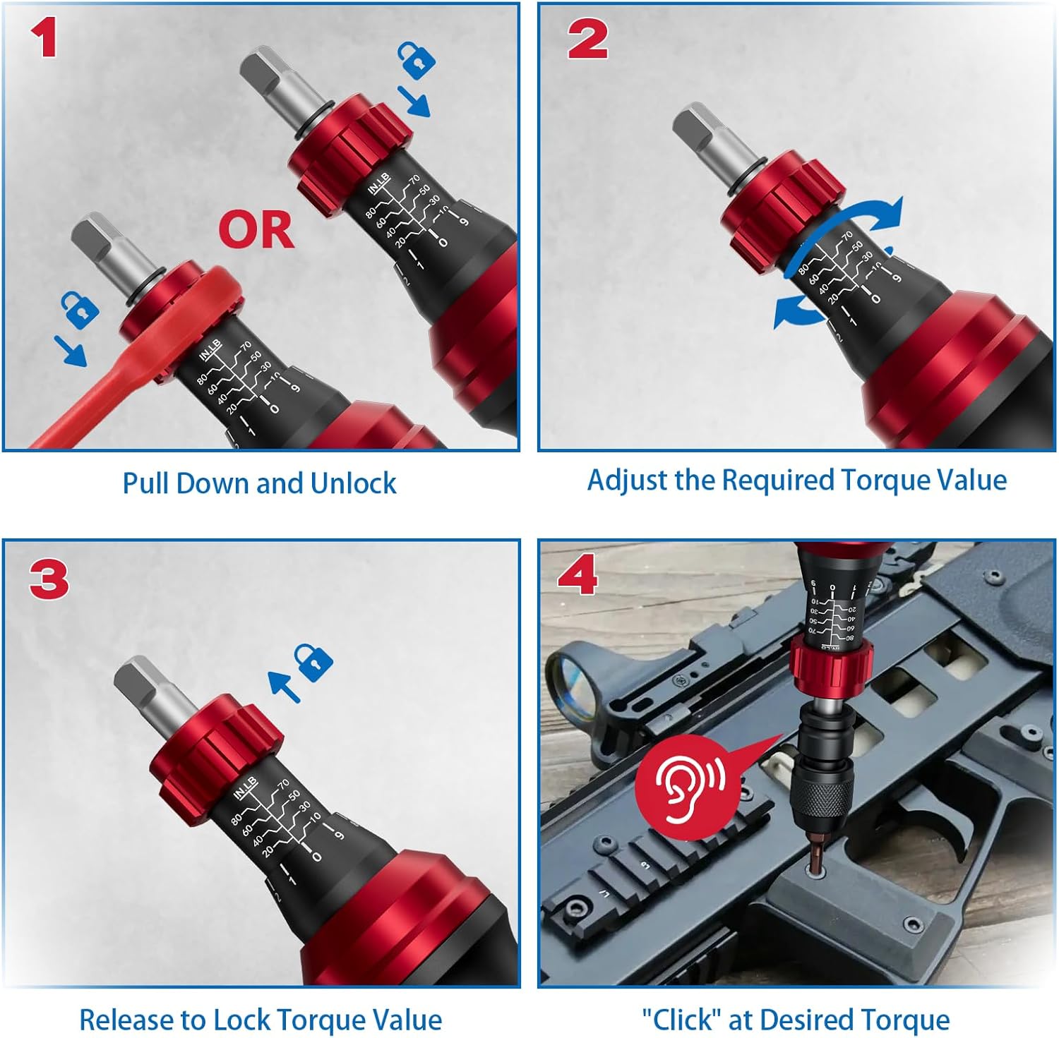 1/4" 10-80In.lb Torque Screwdriver 36 PCS Set with T-bar, Hex, Torx, and Phillips S2 Bits,Torque Wrench Screwdriver for Scope and Car, Bike Mounting and Home DIY