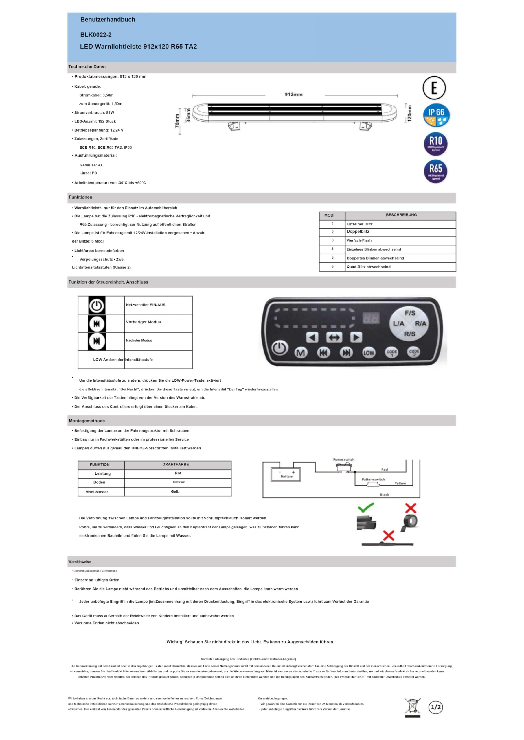 LED Warnbalken Warnleuchte Leuchtbalken Dachbalken 912 mm mit Fernbedienung