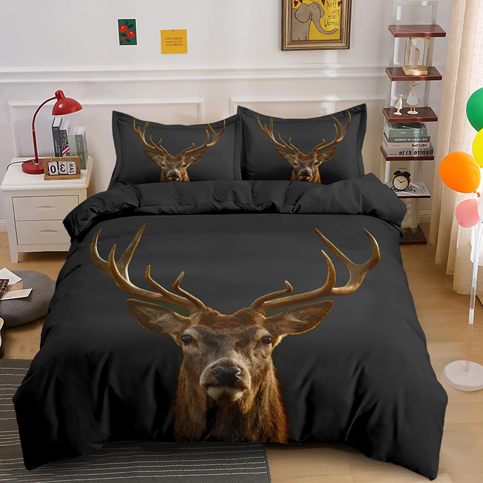 Housse de couette 90x190 hypoallergénique et douce cerf noir pour lit enfant et ado