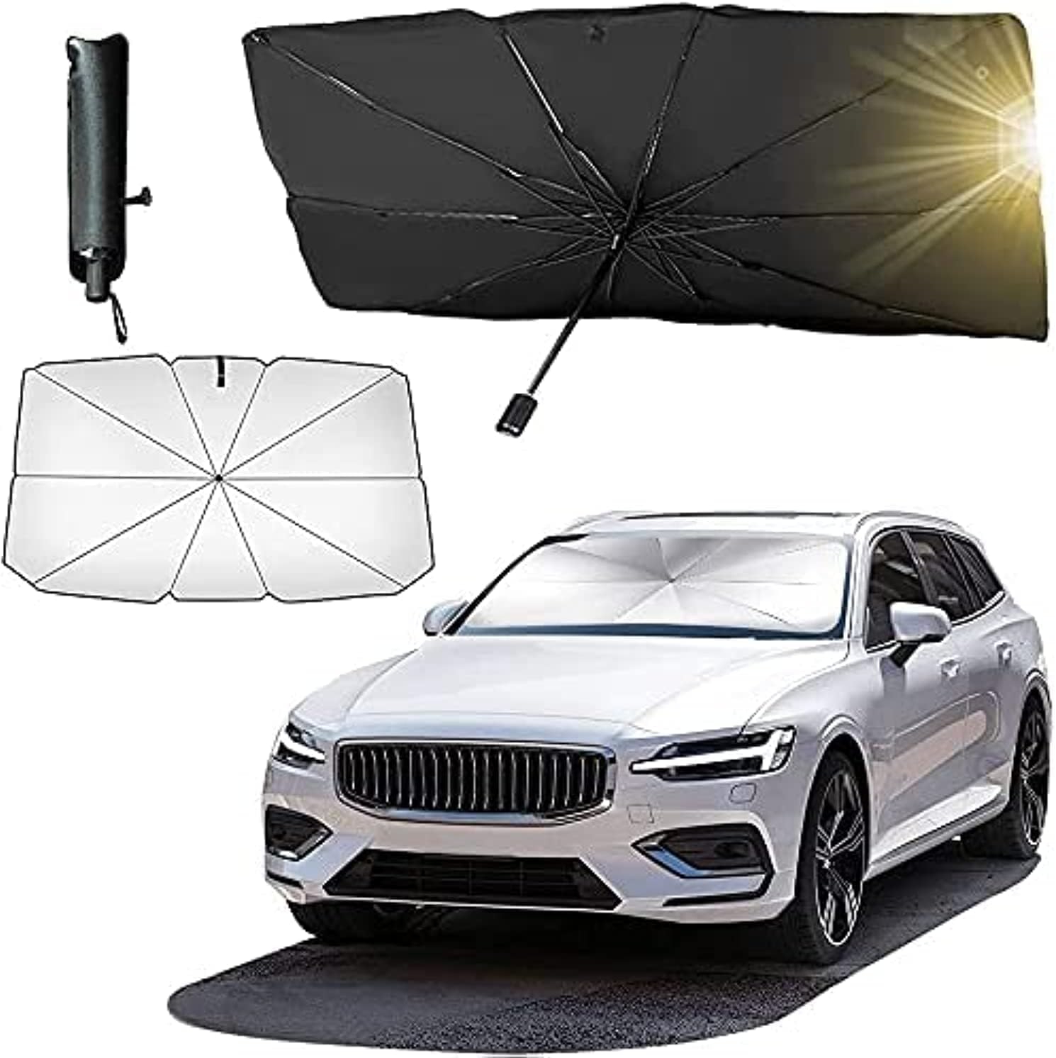 Car Windshield Sun Shade UV Rays，Car Umbrella Sun Shade Cover,Foldable Reflector Umbrella Sunshade for Cars，Fits Most Vans SUVS (57 x 31 In)