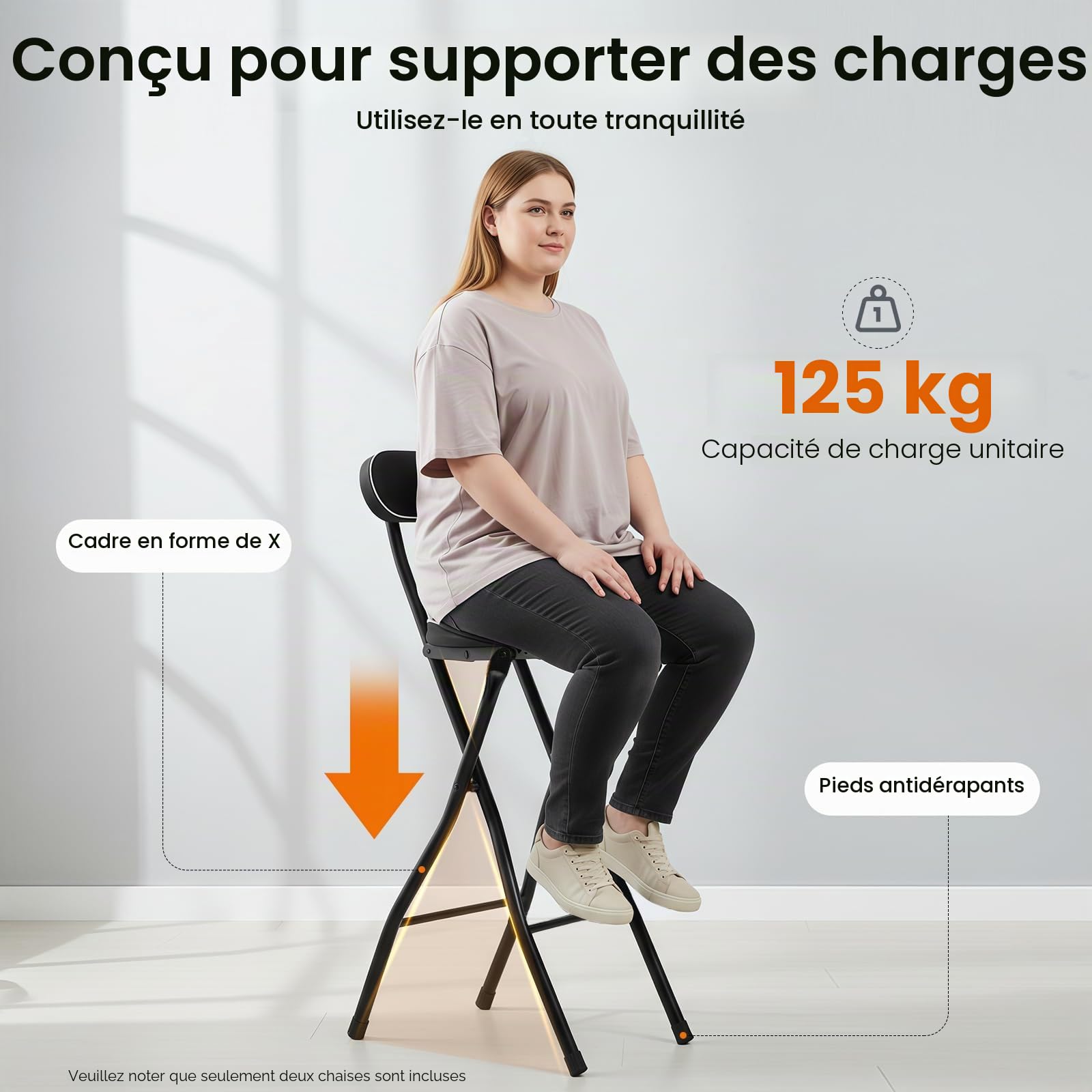Lot de 2 tabourets de bar pliables portables - Chaises hautes rembourrées - Pliable - Chaise haute - Chaises pliantes - Avec verrouillage de sécurité