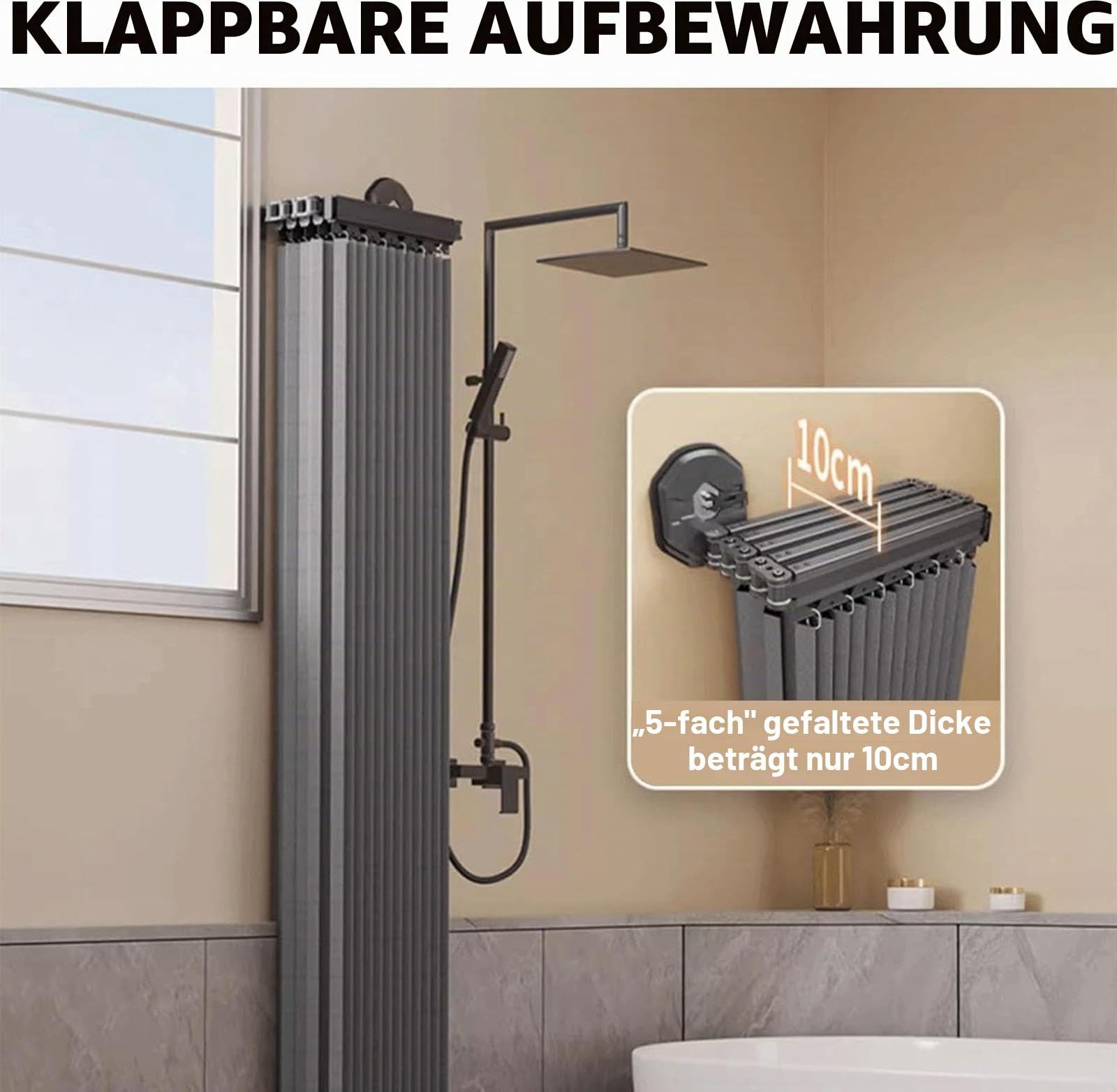 Doccia impermeabile senza trapano L-Sd con ventose pieghevole antimuffa lavabile per doccia angolare nero 5 pieghe design – ideale per bagni moderni