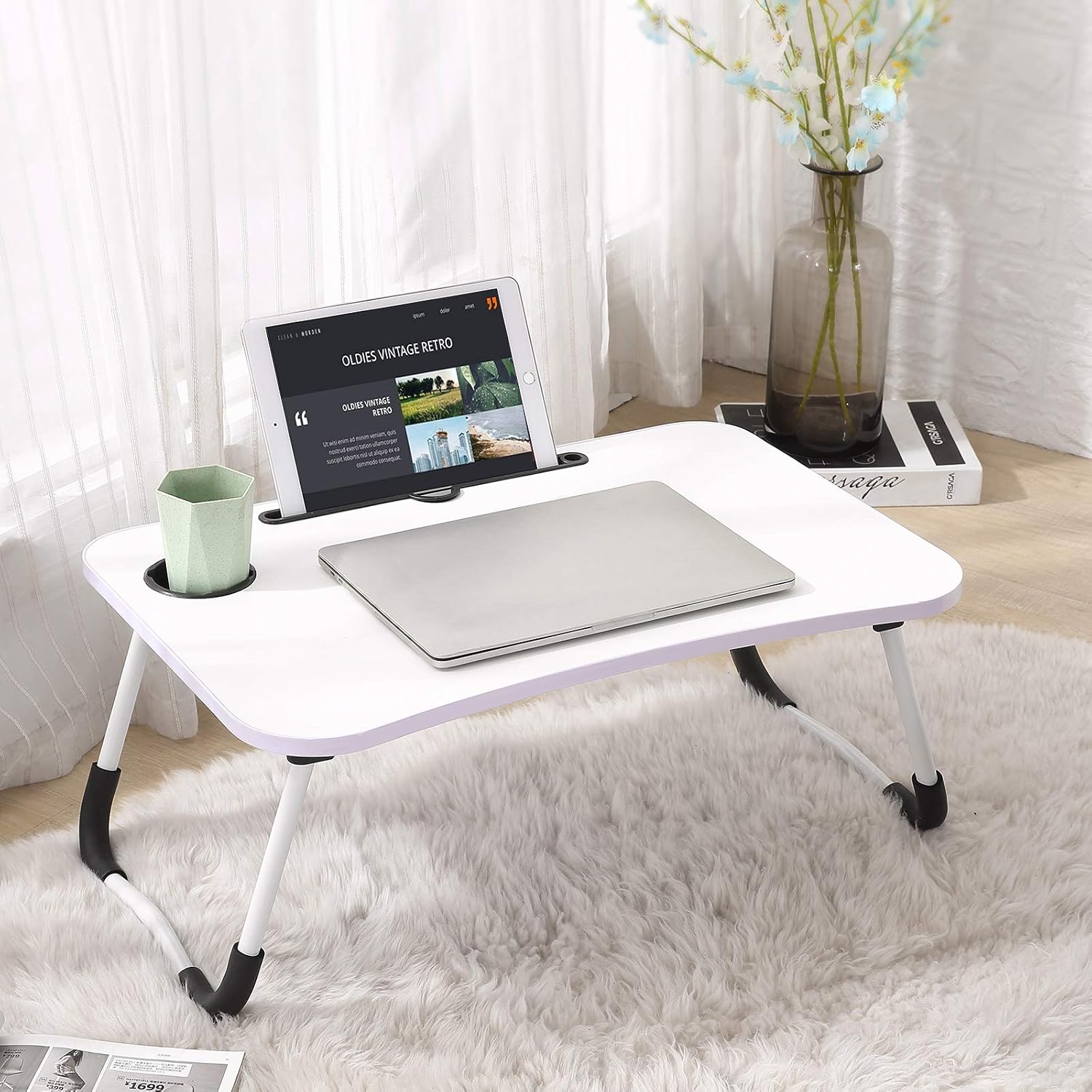 Laptop DeskFoldable Bed Tray Table Portable Multi-Function Lap Desk Standing Desk with Notebook Stand and Cup Slot,Perfect for Reading Book, Watching Movie on Bed/Couch-White