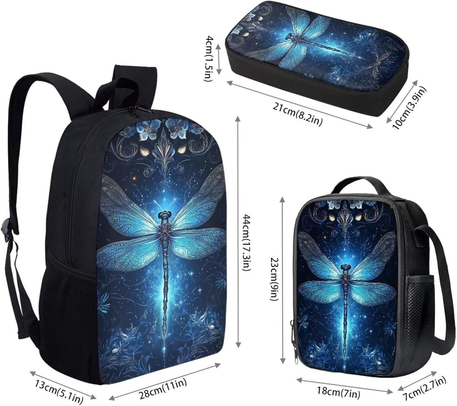 Blue Dragonfly Backpacks Set for Girls Backpack Kids Travel Backpack School Bags with Lunch Box and Pencil Case Backpacks Ages 6-18 Bookbag
