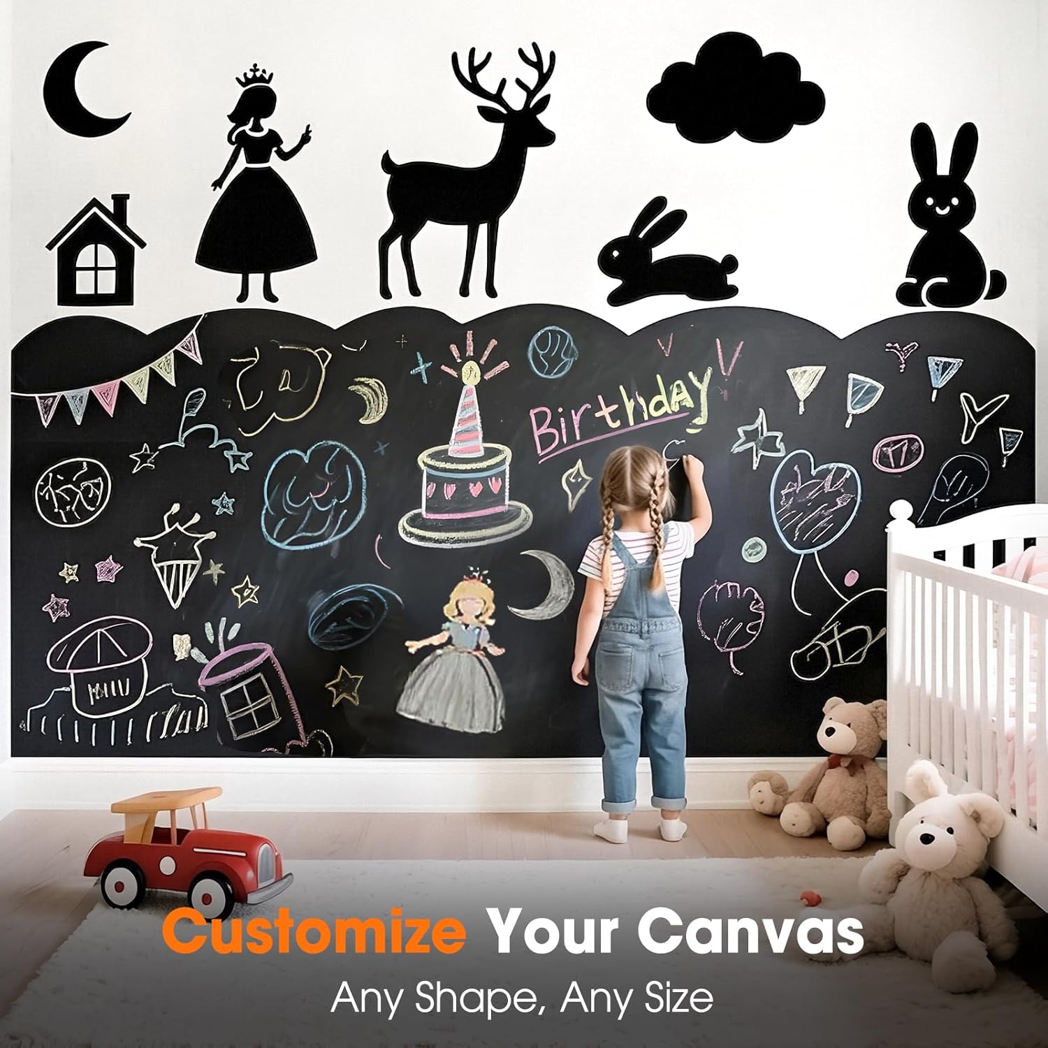 Chalkboard Wallpaper Peel and Stick, 35.4"x118.1" Blackboard Contact Paper Self Adhesive, Vinyl Chalk Board Wall Sticker with 8 Colorful Chalks & 1 Rag